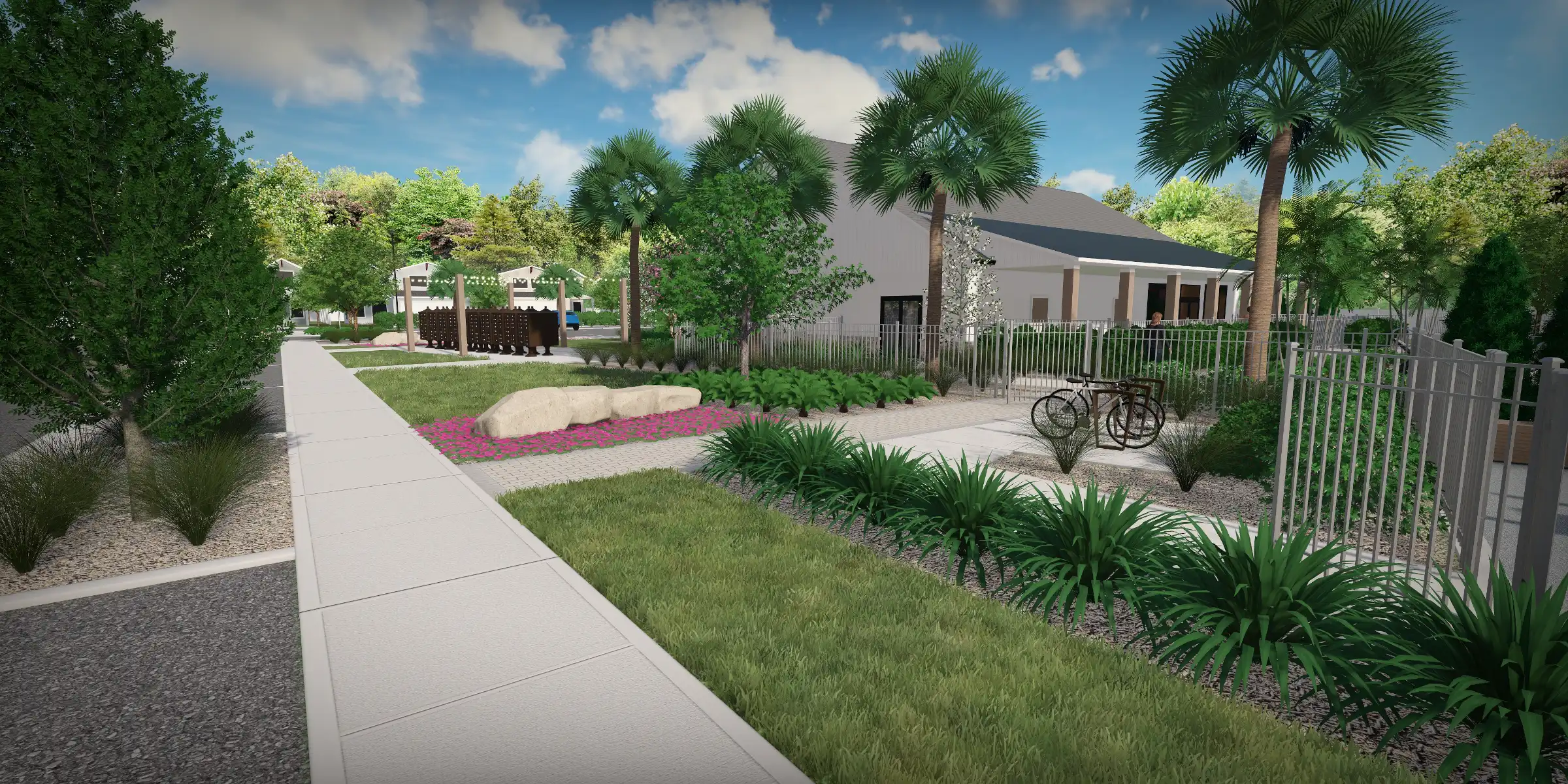 Contemporary home with palm trees, manicured lawn, and colorful flower beds in St Petersburg residential community landscape design.