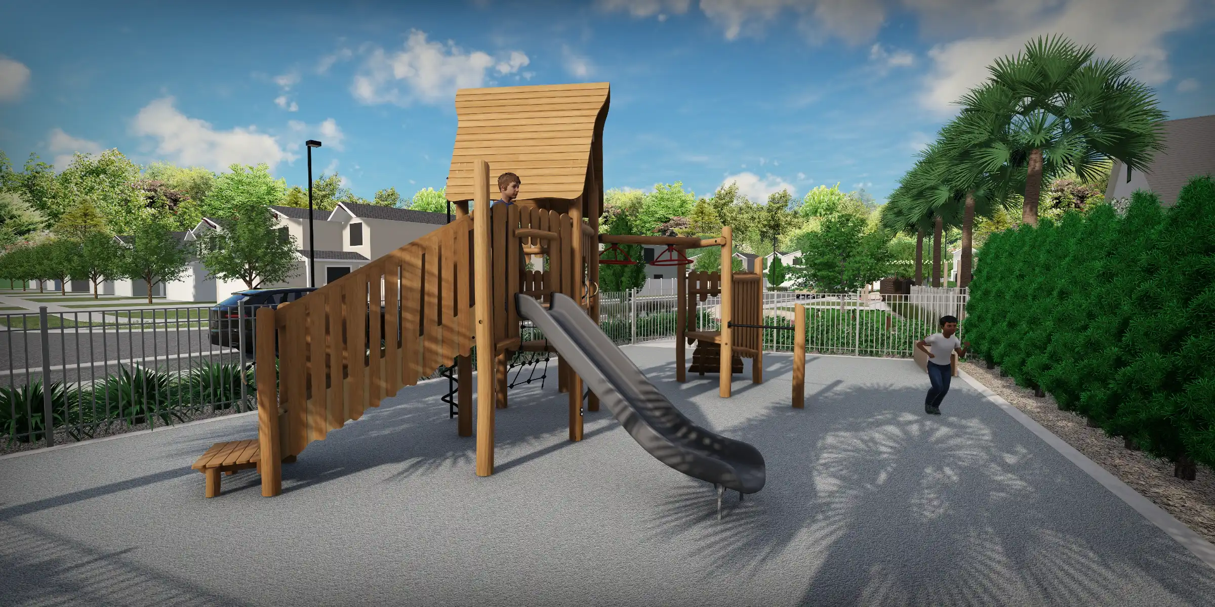 Modern wooden playground with tall tower slide in luxury residential community setting with palm trees and homes in Saint Petersburg, FL.