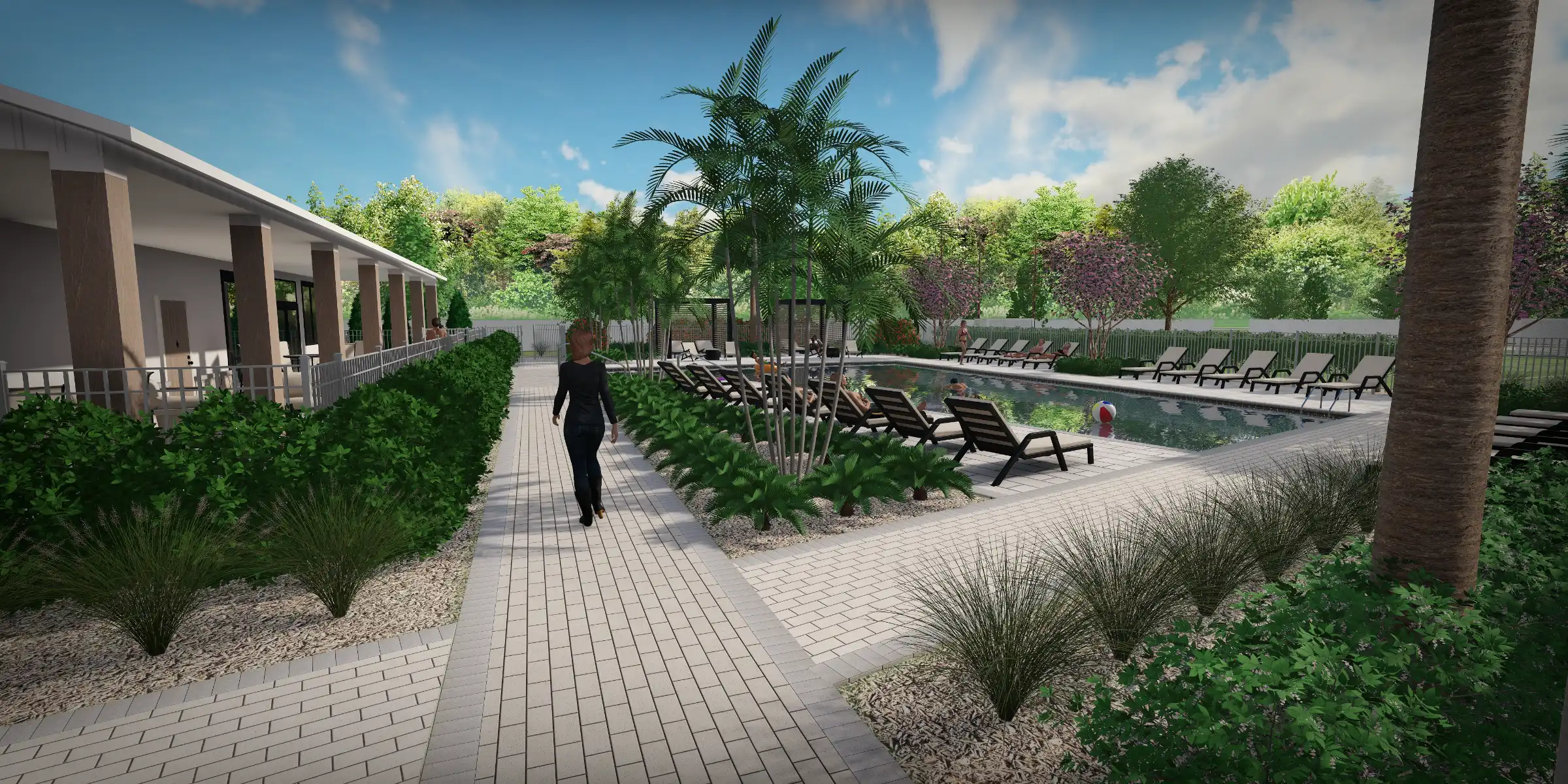 Luxury residential pool deck with palm trees, lounge chairs, and modern architectural structure in St Petersburg, Florida landscape design.