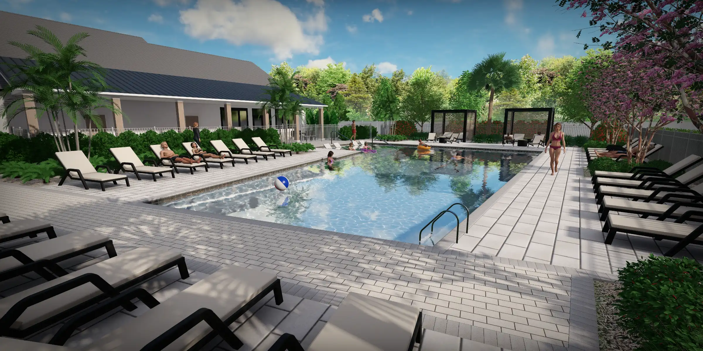 Luxury residential pool design with loungers, tropical landscaping, and modern architecture in St Petersburg, FL community.