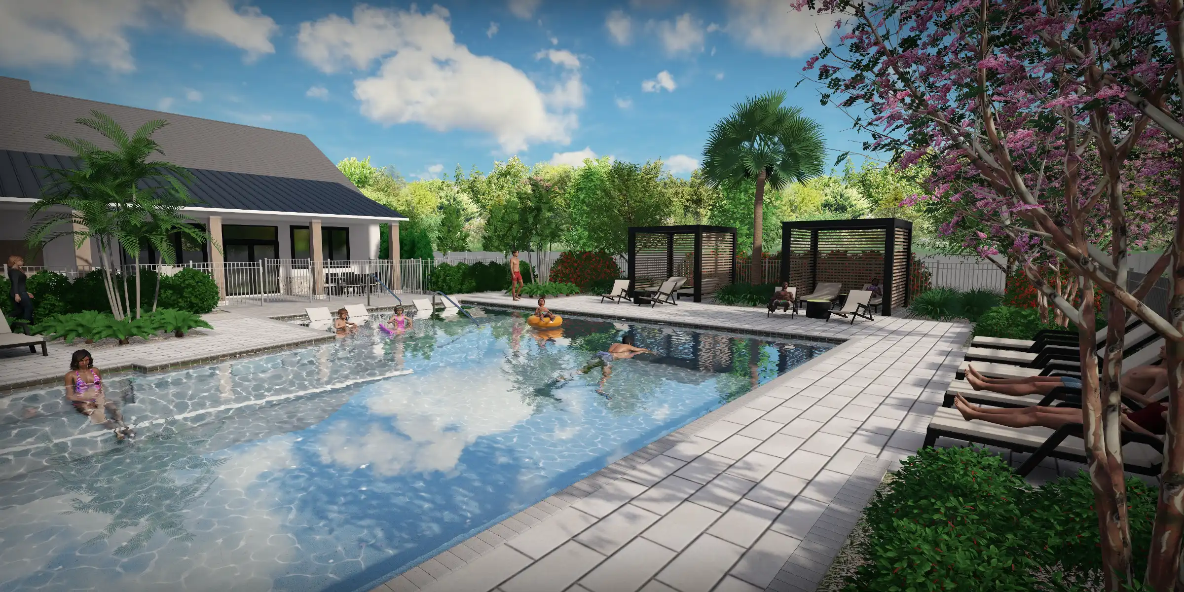 Luxury residential pool deck with loungers, covered seating areas, flowering trees, and coastal home in St. Petersburg, Florida.