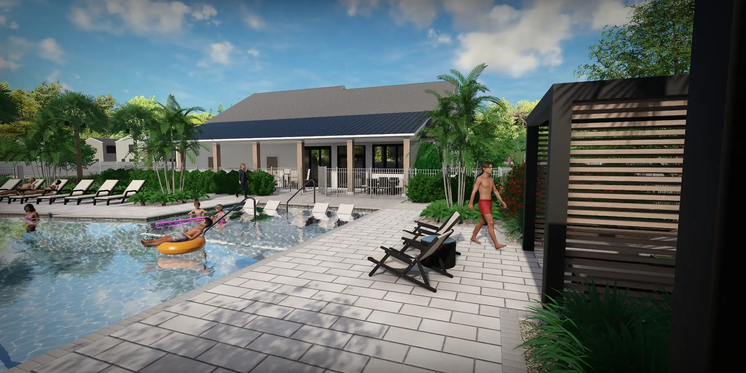 Luxury residential pool area with colonial-style home, lounge seating, and palm landscaping in St Petersburg, FL