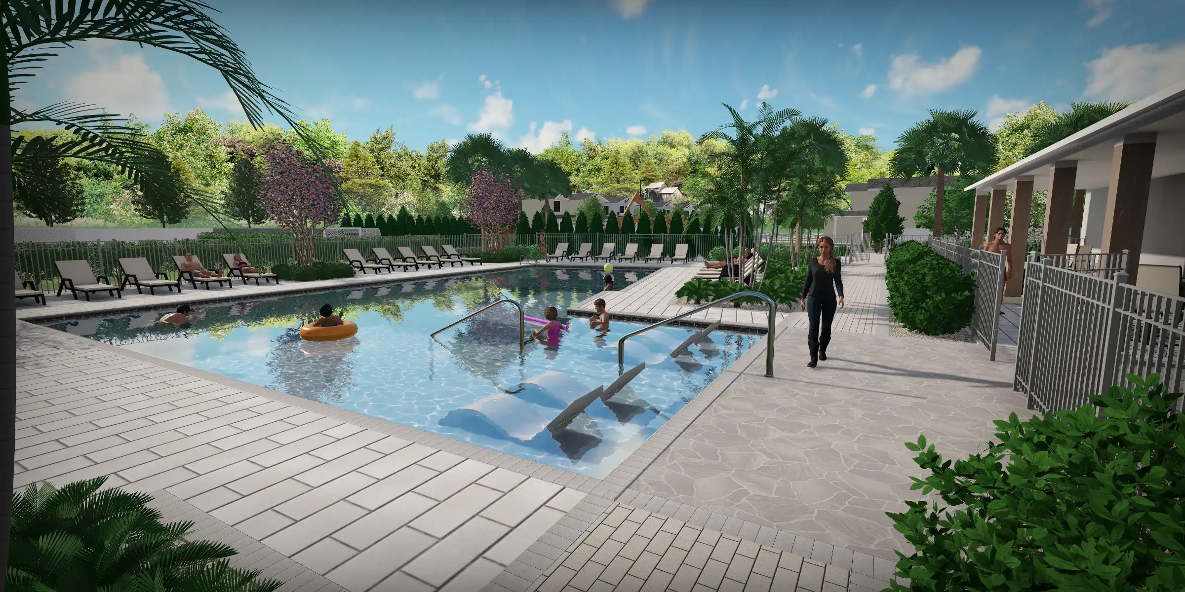 Luxury residential pool area with spa, lounge seating, and manicured tropical landscaping in St Petersburg, Florida community.