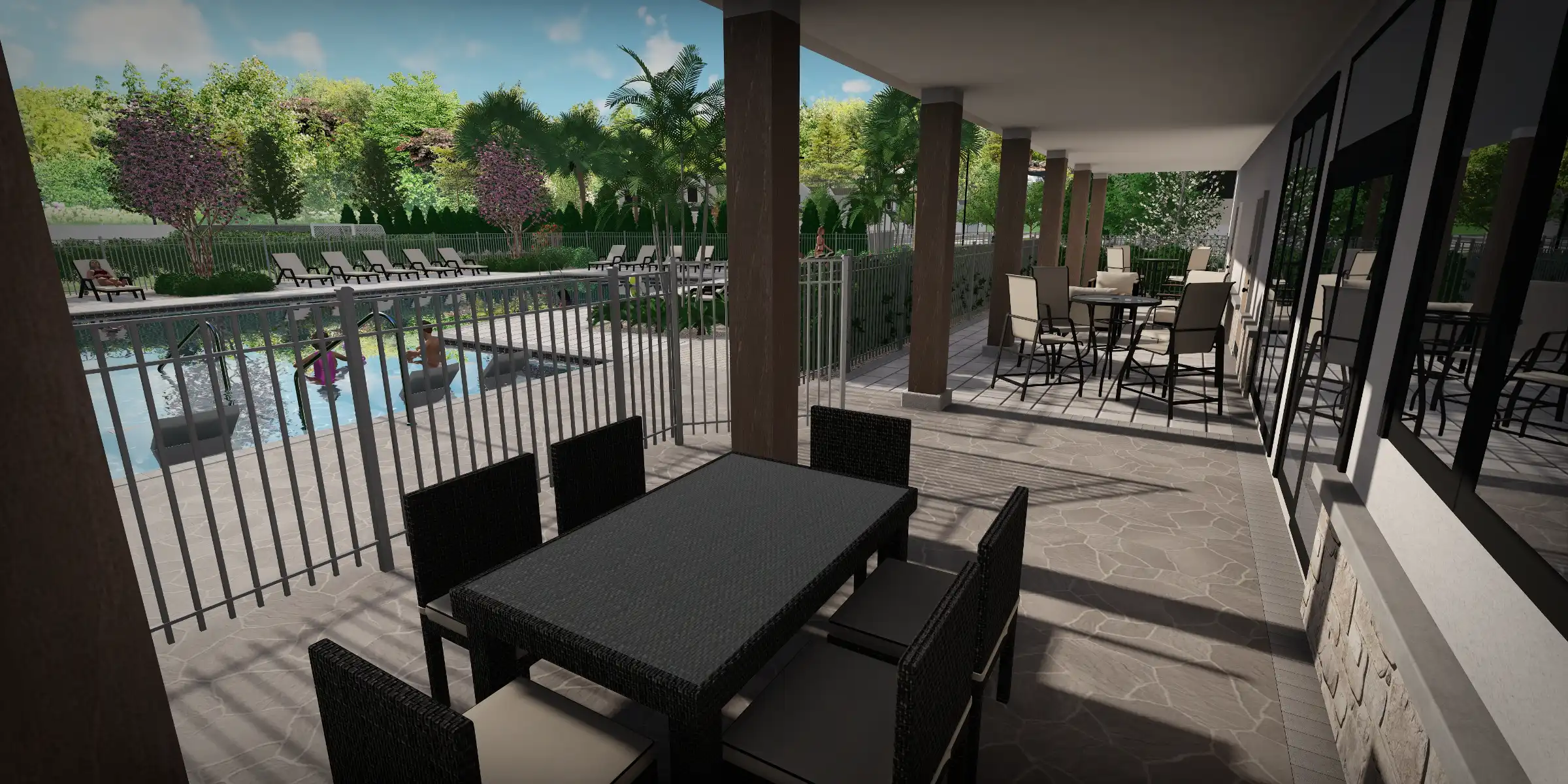 Contemporary covered patio with black wicker dining set overlooking fenced pool area and manicured landscape in St Petersburg residential community.