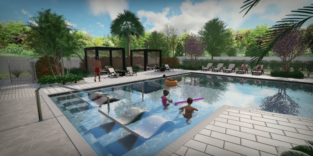 Resort-style backyard featuring sparkling pool with spa, lounge chairs, and lush tropical landscaping in St Petersburg residential community.