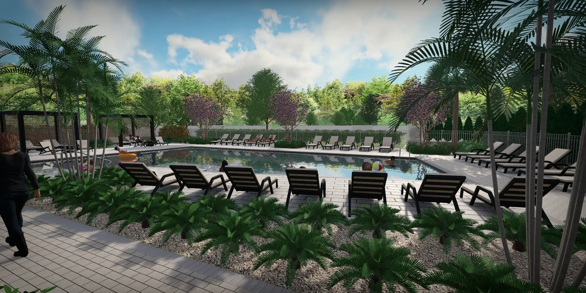 Luxury pool area with curved design, black lounge chairs on deck, palm trees, and manicured landscape at St Petersburg residential community