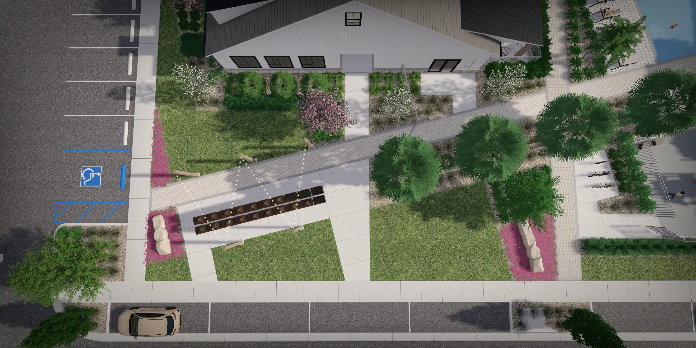 Aerial view of modern residential home with sophisticated landscape architecture, manicured lawns, decorative plantings, and paved pathways in St Petersburg, FL luxury community.