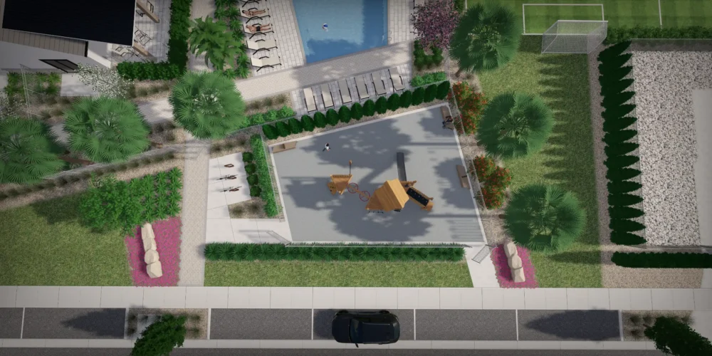 Aerial view of contemporary residential courtyard featuring wooden play structures, manicured landscape design, and luxury pool amenities in St Petersburg, FL community.