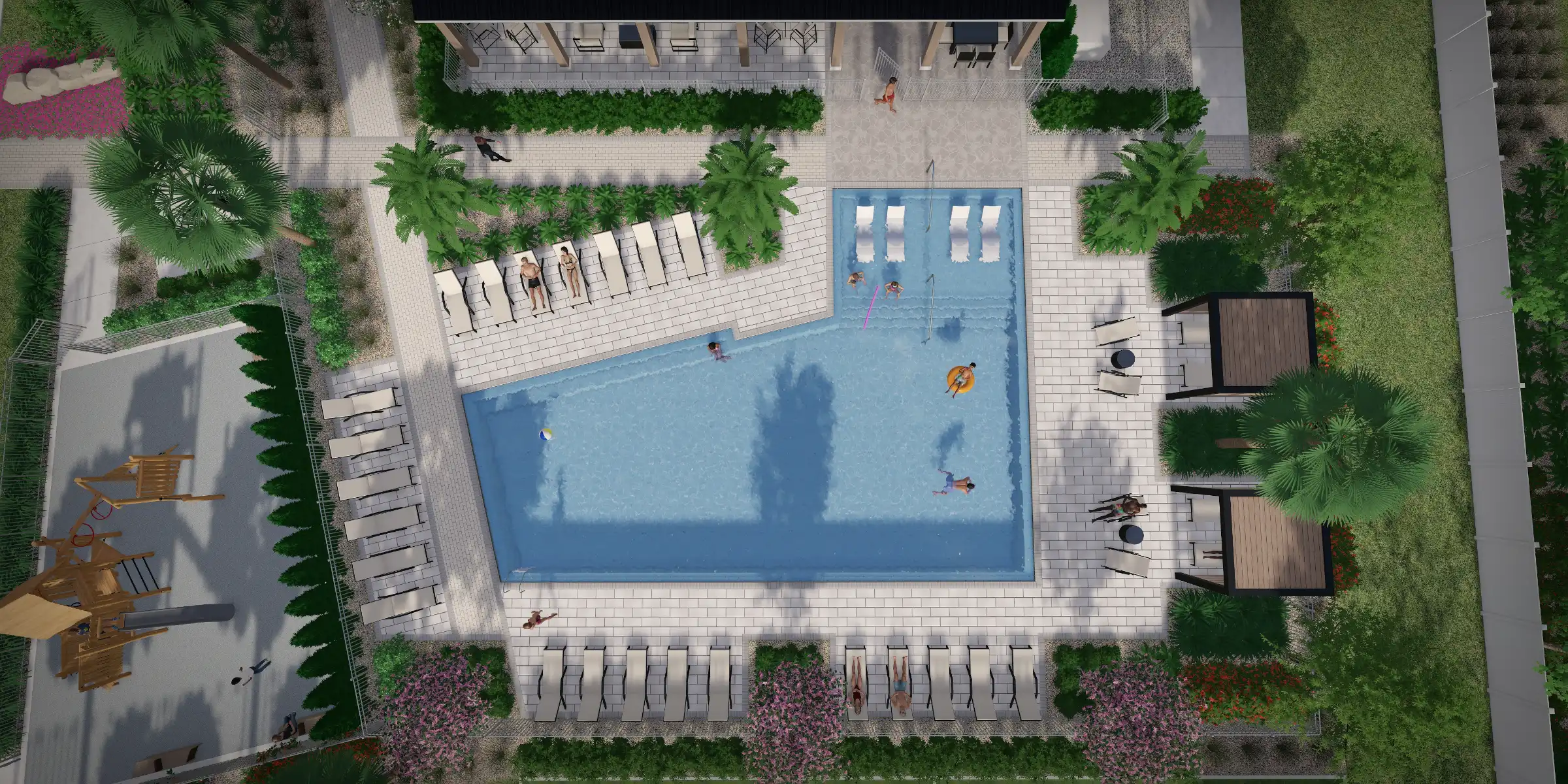 Aerial view of luxury residential pool design with loungers, tropical landscaping, and modern deck architecture in St Petersburg, FL.