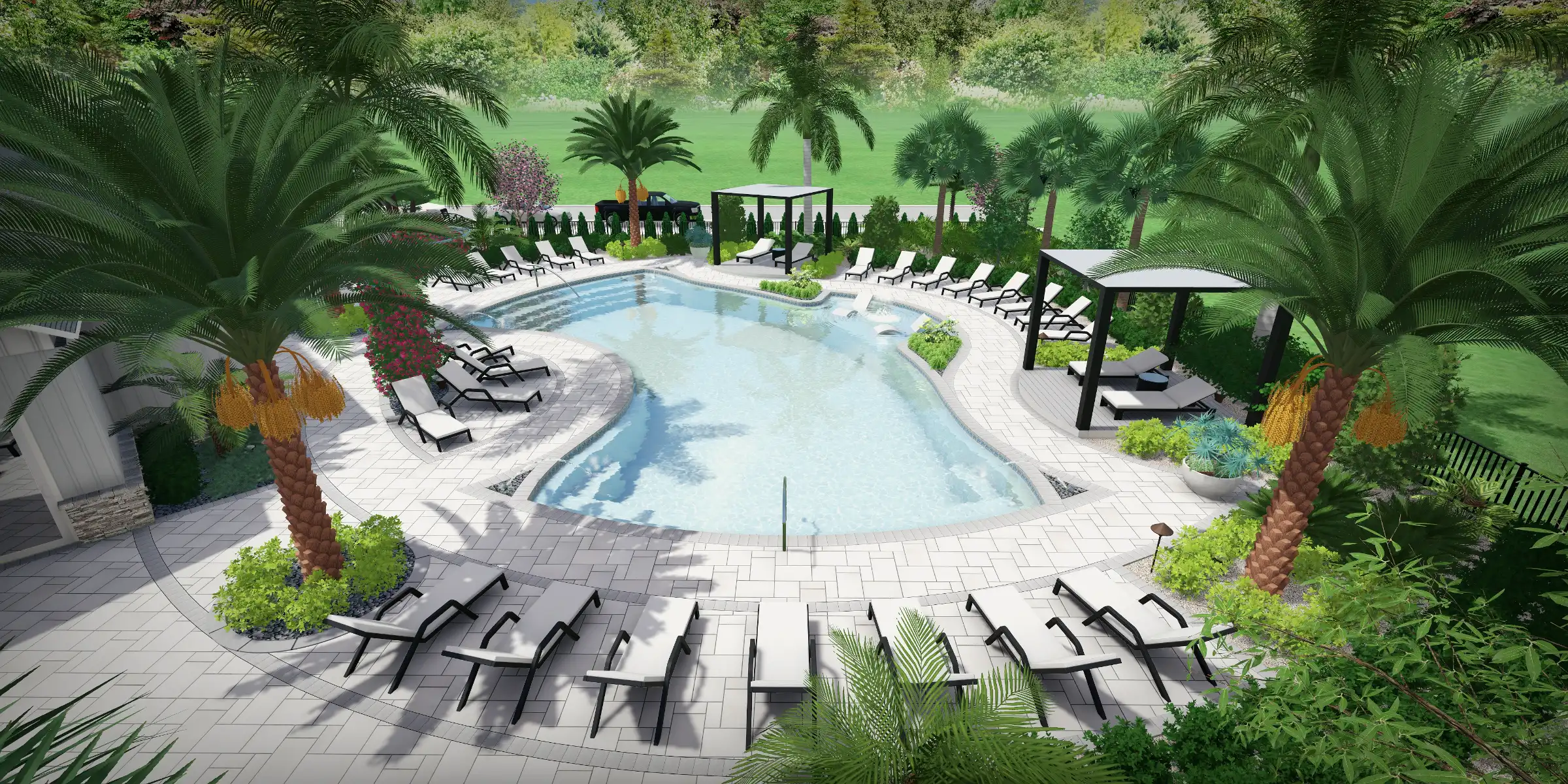 Luxury resort-style pool surrounded by lounge chairs, palm trees, and manicured landscape in St Petersburg residential community design.