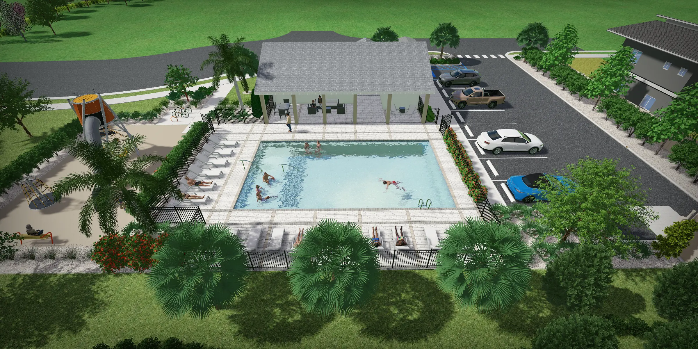 Aerial view of luxury pool design with resort-style amenity center, lounge seating, and residential community landscape architecture in St Petersburg, FL.