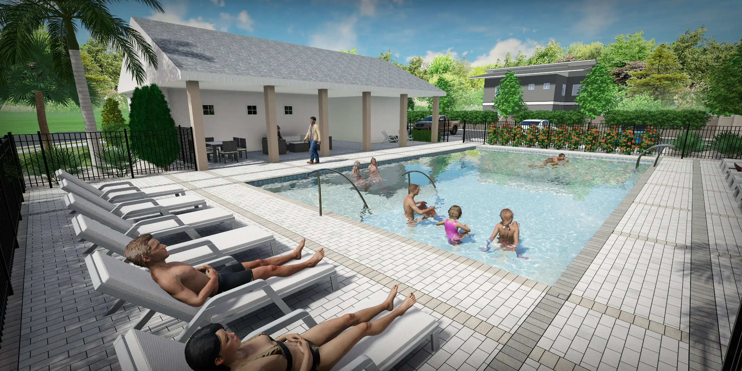 Resort-style pool area with lounge chairs, white cabana structure, and families swimming in clear water surrounded by manicured landscaping in St Petersburg, FL.