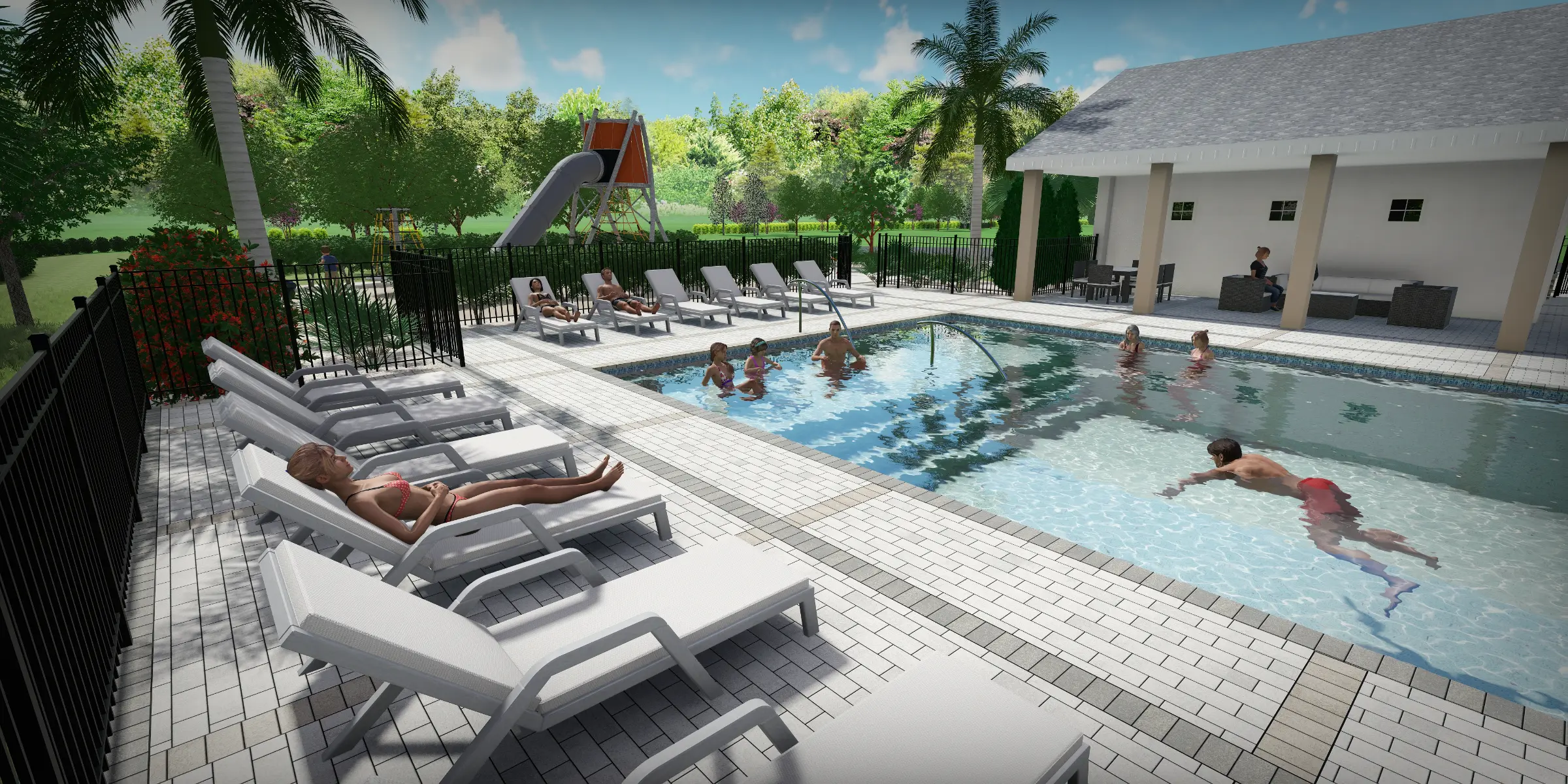 Luxury residential pool design in St Petersburg FL features sparkling water with swimmers, gray lounge chairs, white poolside structure, and lush landscaping.