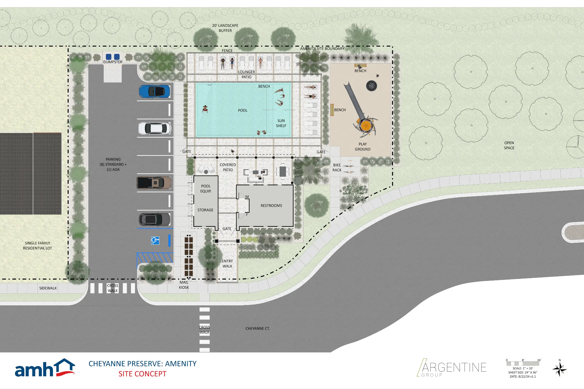 Architectural site plan for Cheyanne Preserve amenity featuring pool design, lounging areas, parking, and landscape architecture in St. Petersburg, FL.