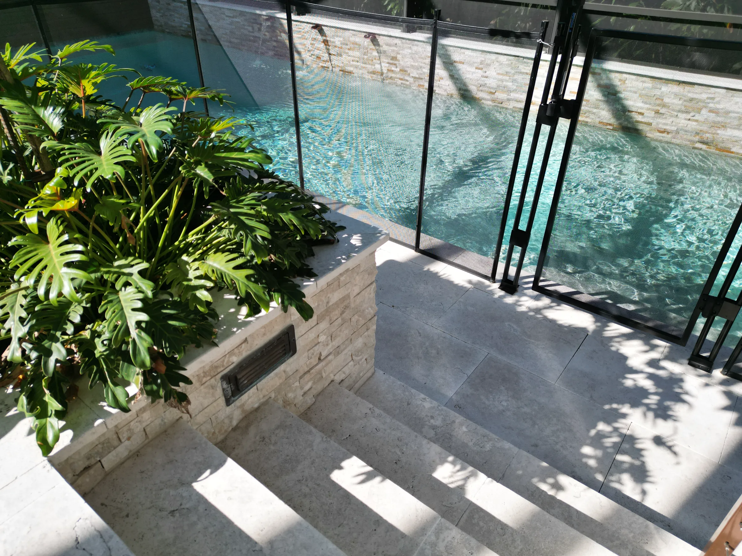 Concrete steps lead down to luxury pool with black glass safety fence, tropical landscaping, and brick patio in St Petersburg residential community.