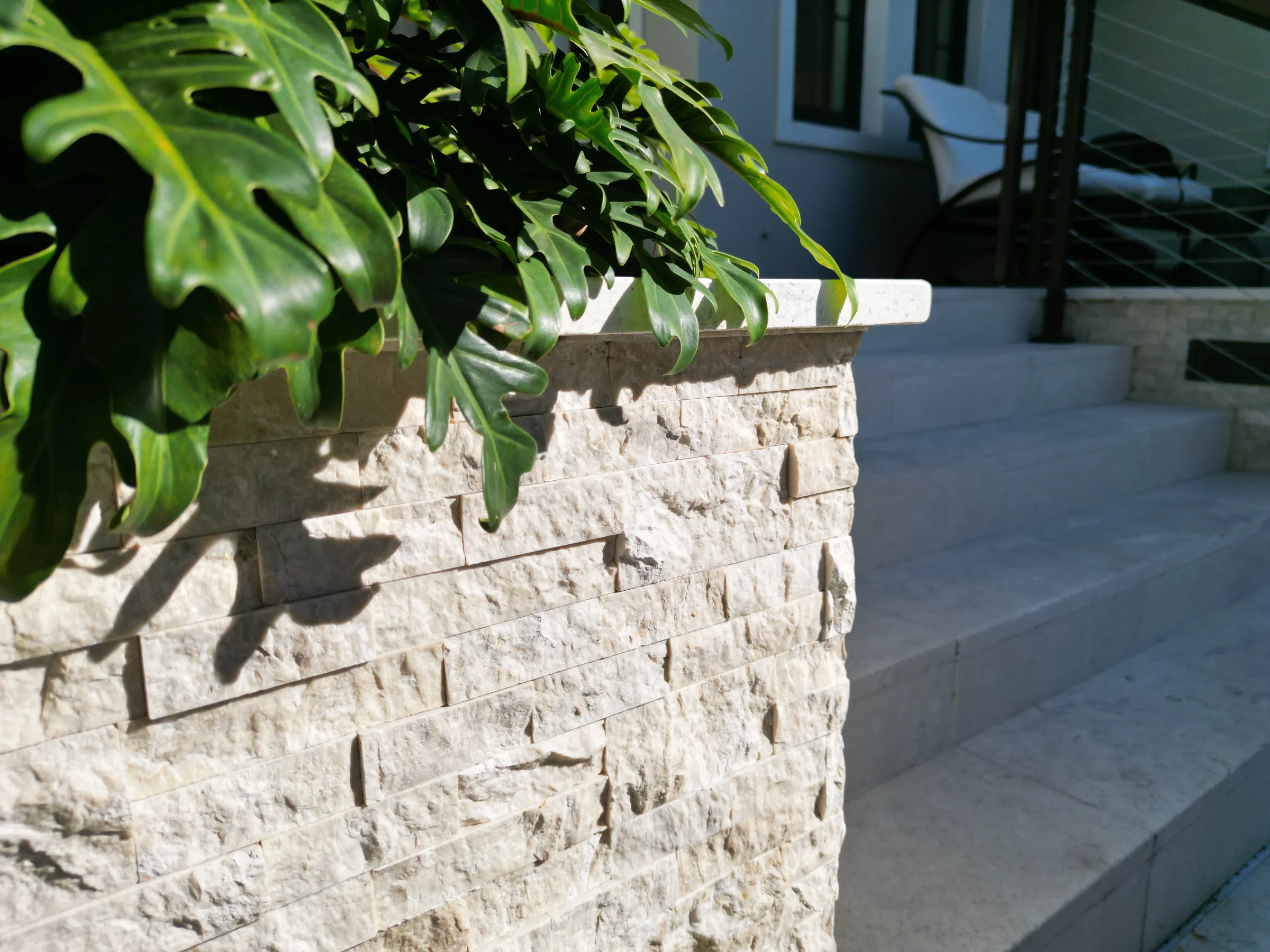 Lush green plant cascading from white stacked stone planter in luxury outdoor residential landscape design setting in St Petersburg FL.