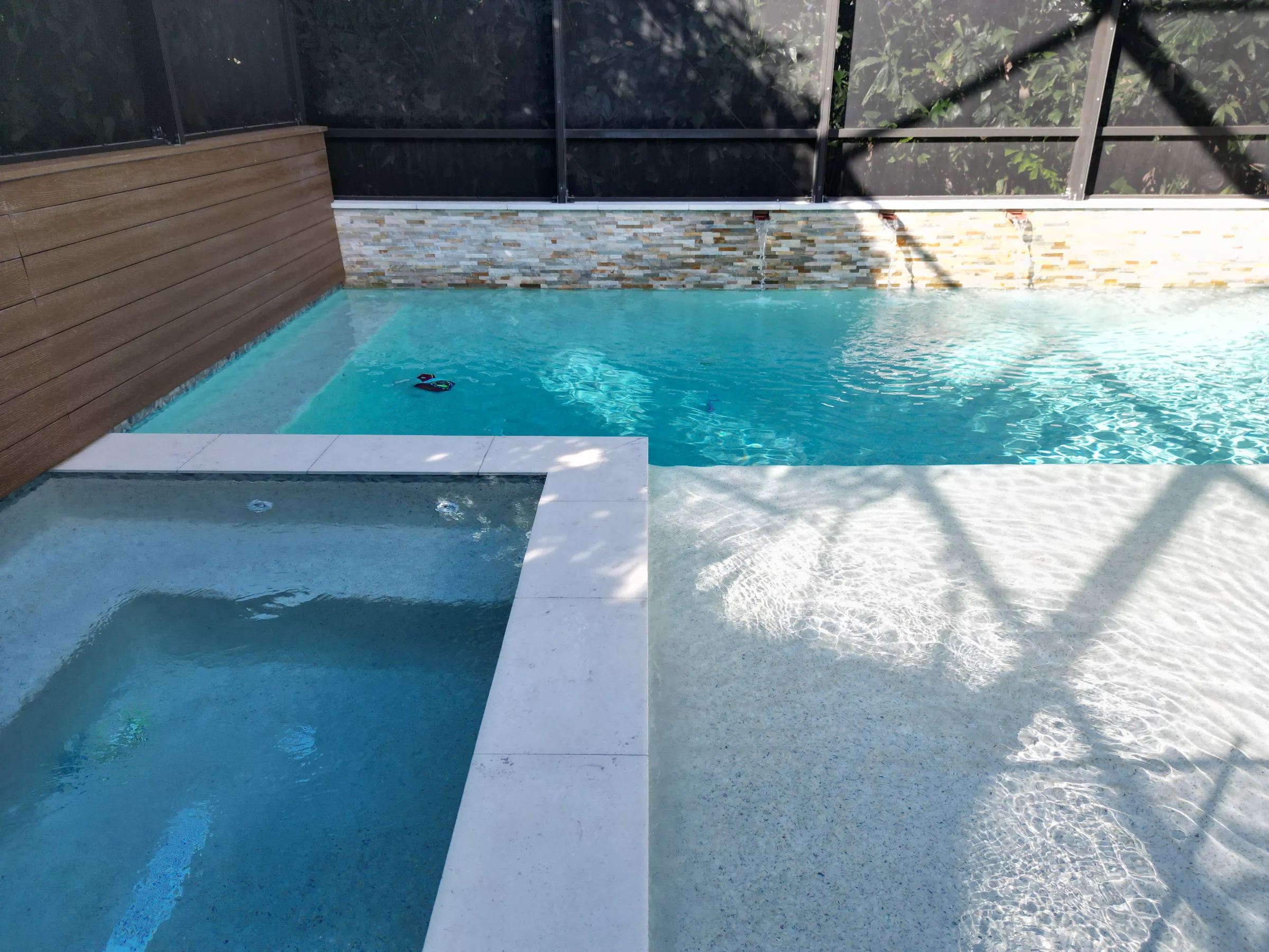 Luxury pool design in St Petersburg FL features turquoise waters, spa area, and tiled accent wall with screened enclosure and landscape architecture.