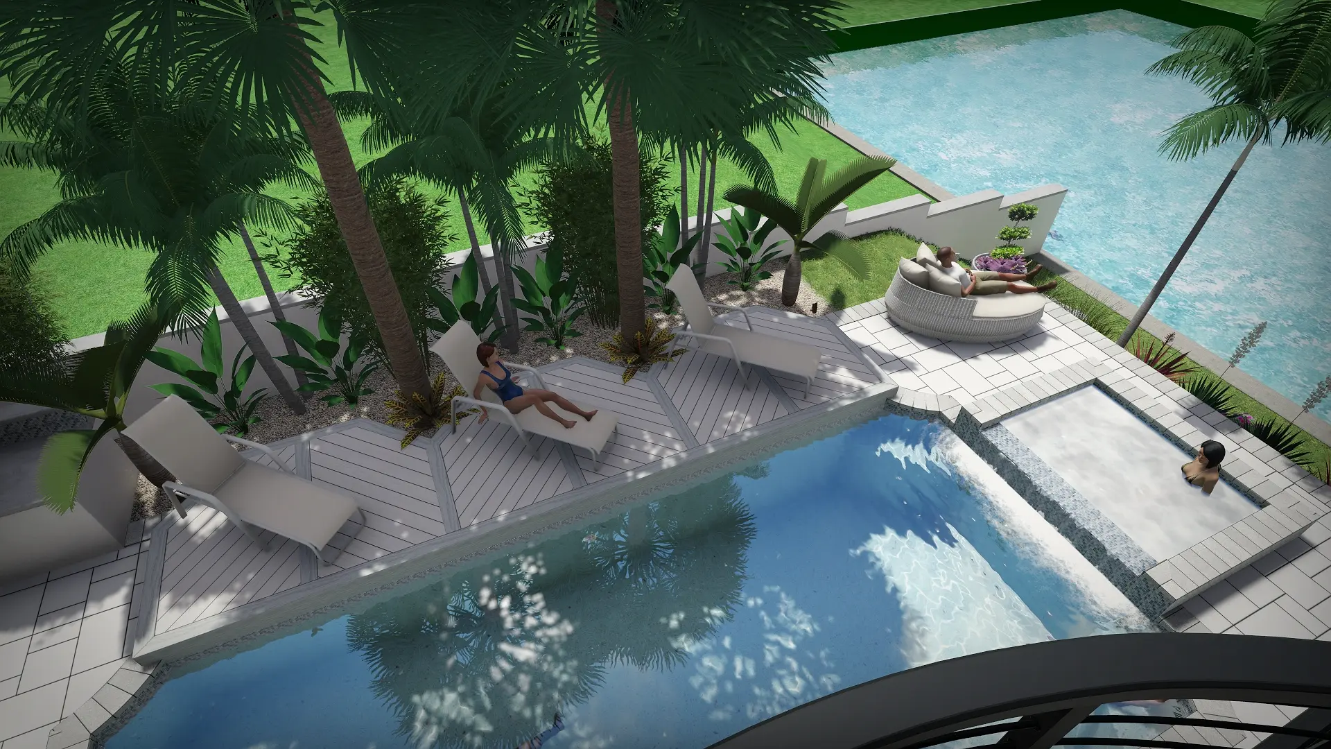 Luxury waterfront pool deck with lounge chairs, palm trees, and ocean view. Premium landscape design in St Petersburg, FL residential community.