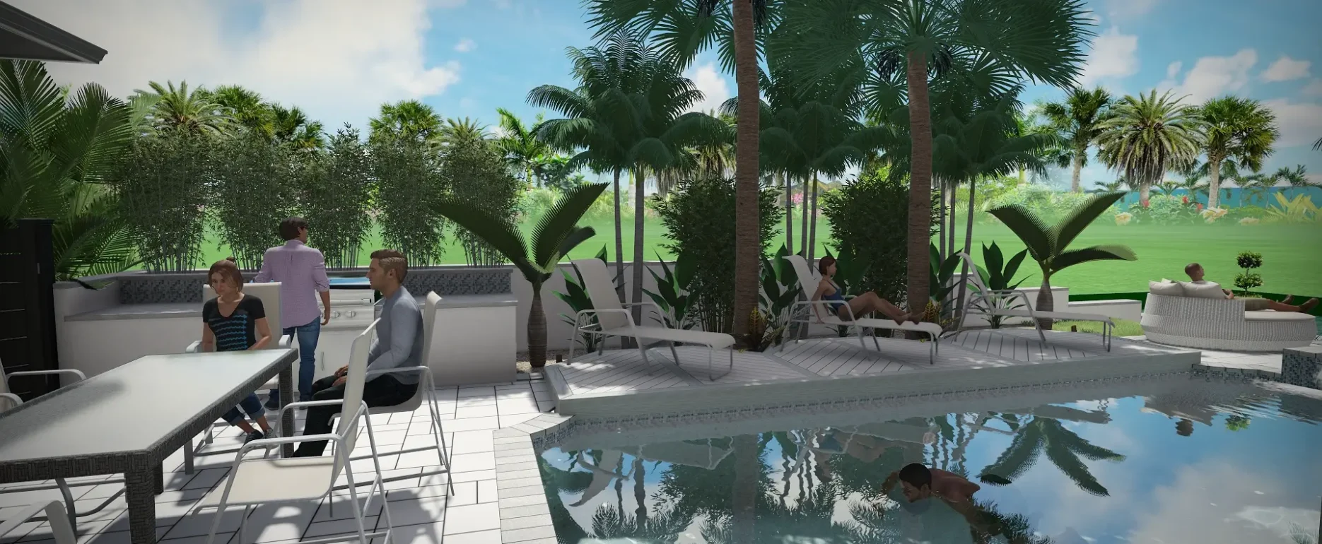 Luxury pool deck with lounge seating, tall palm trees, and manicured landscape in St Petersburg residential community