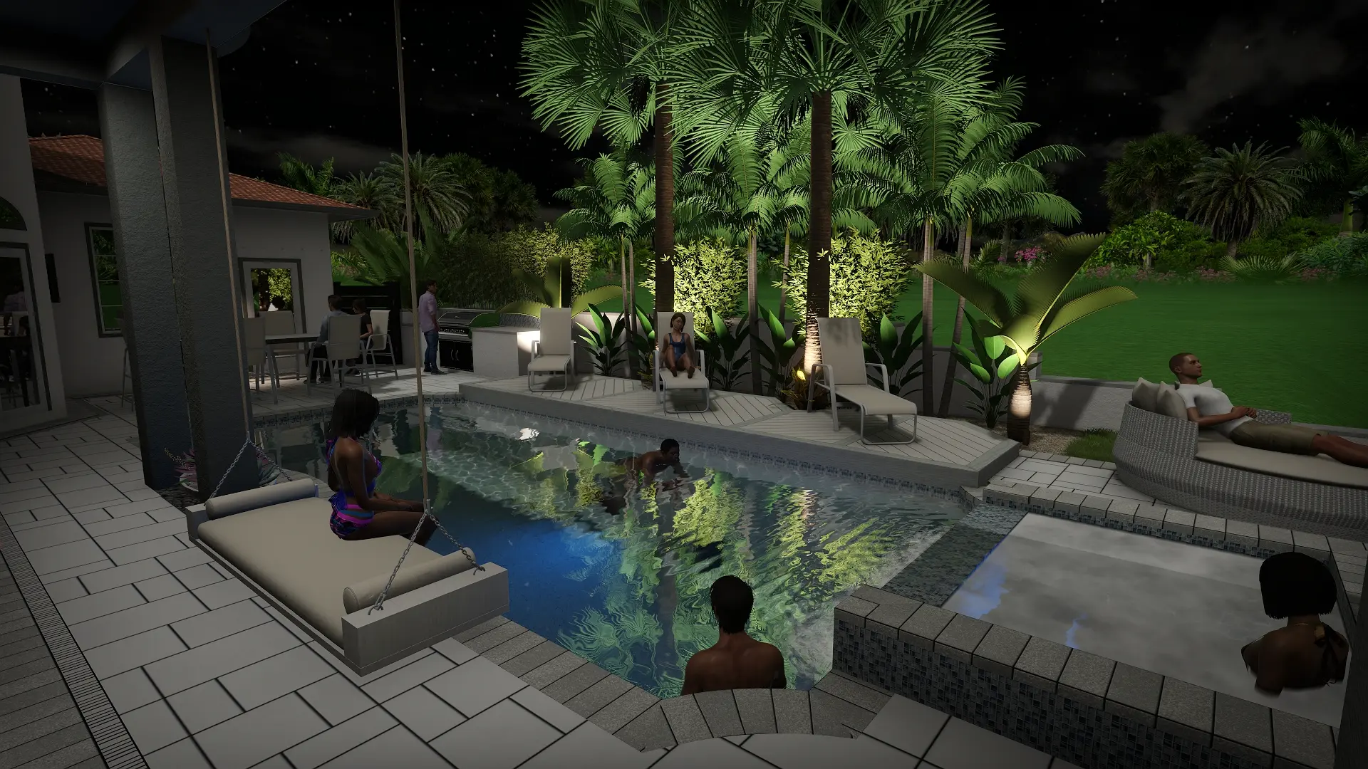 Nighttime luxury pool design with landscape lighting, palm trees, and lounge seating in St Petersburg residential community