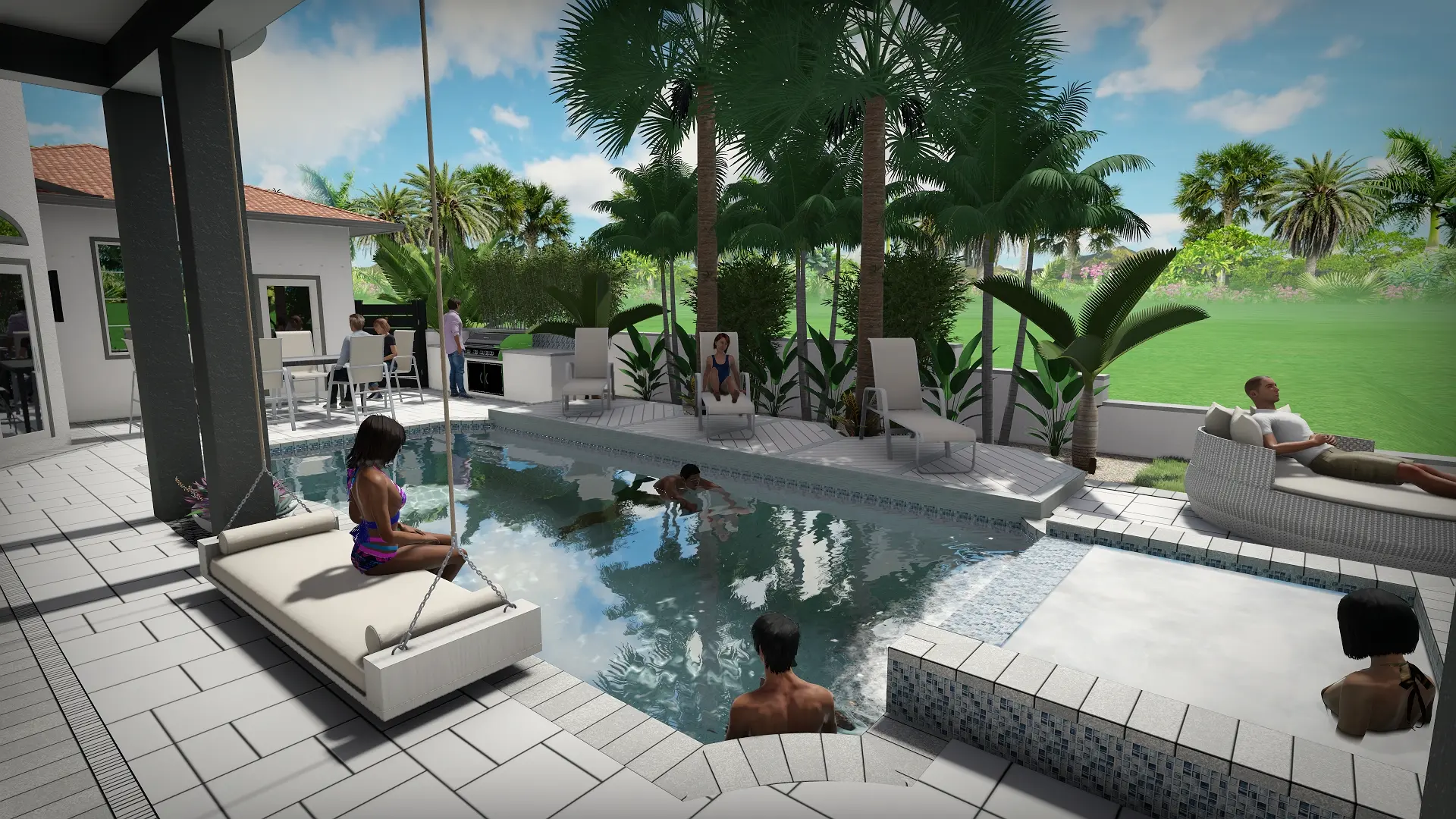 Modern residential pool design with tropical landscaping, lounge seating, and palm trees in St Petersburg, FL.