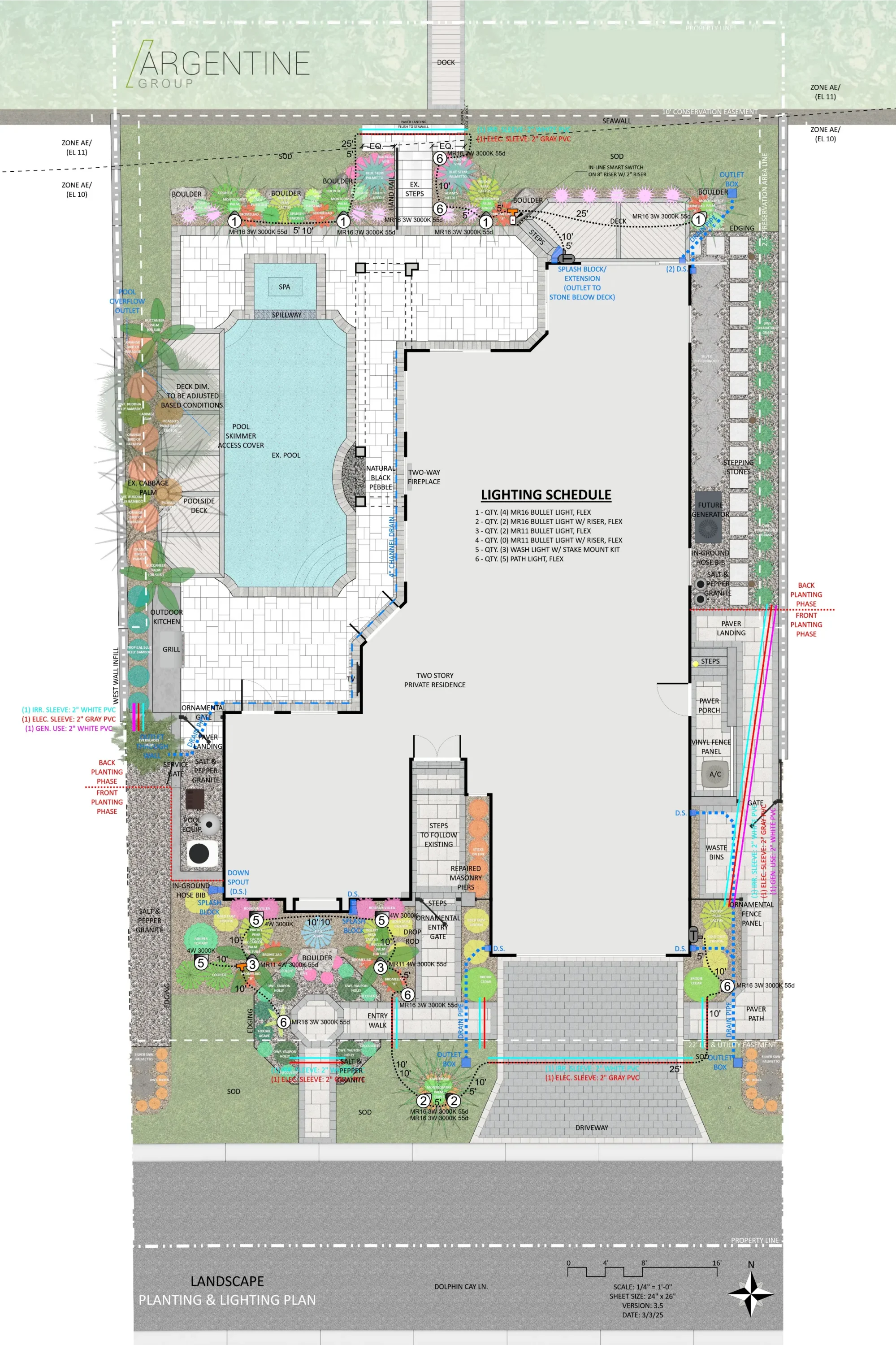 Detailed landscape architecture planting and lighting plan for luxury St Petersburg residential pool design with outdoor living spaces, showing sophisticated hardscape and vegetation layout.