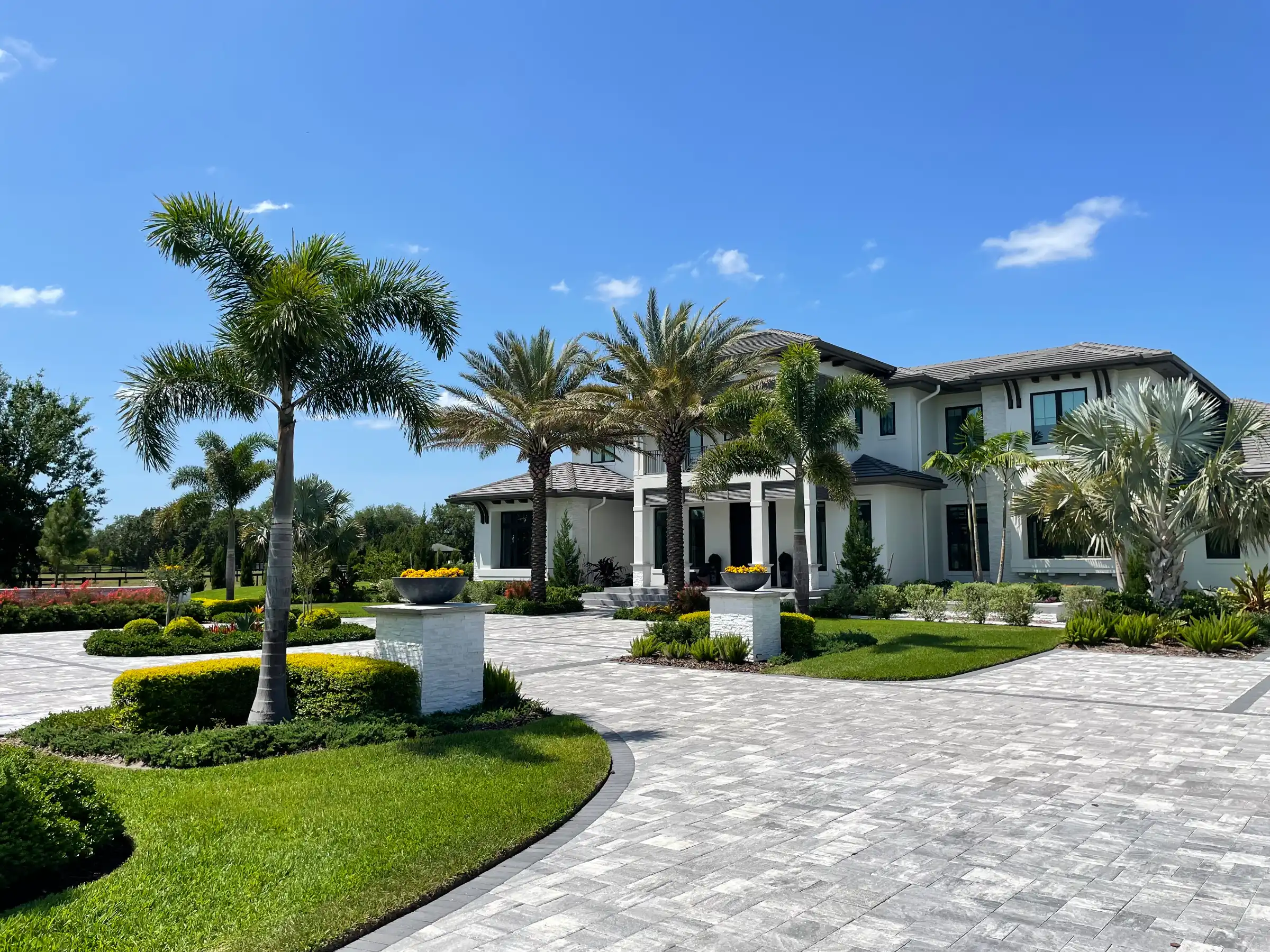 Luxurious white contemporary home with manicured palm trees, paver driveway, and refined landscape architecture in St Petersburg, FL residential community.