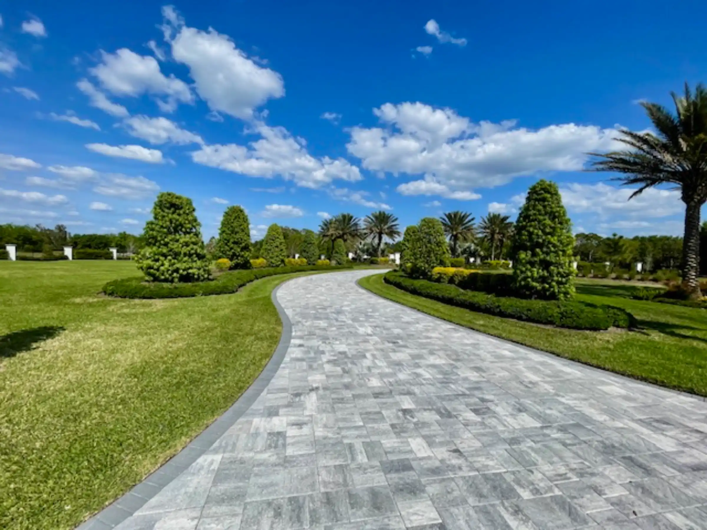 Elegant curved gray paver walkway winds through lush green lawn with shaped topiaries and palm trees under clear blue sky in luxury St Petersburg FL residential community.