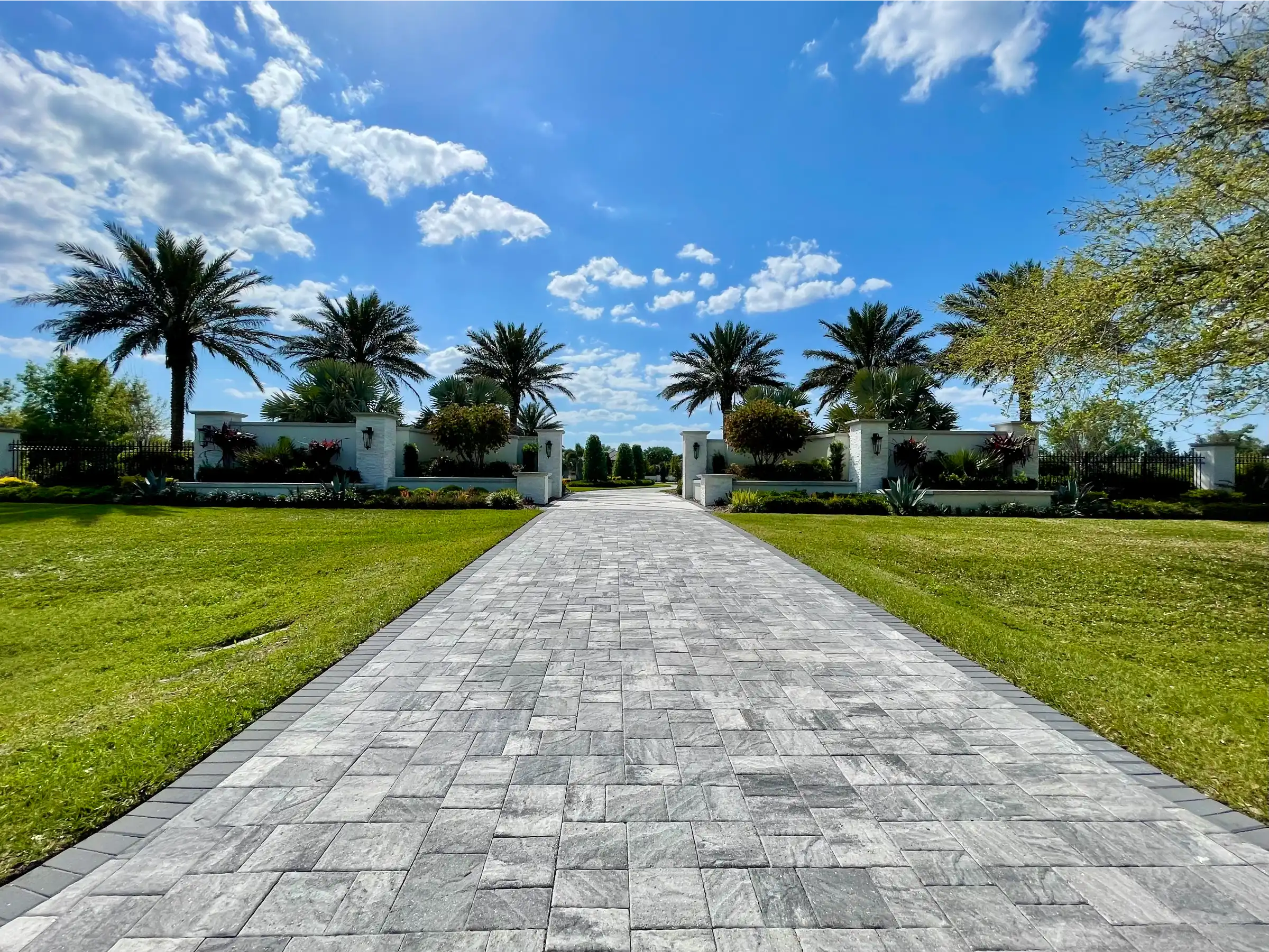 Long paved driveway lined with palm trees leading to white residential buildings in St Petersburg, FL, showcasing luxury landscape architecture and outdoor construction.