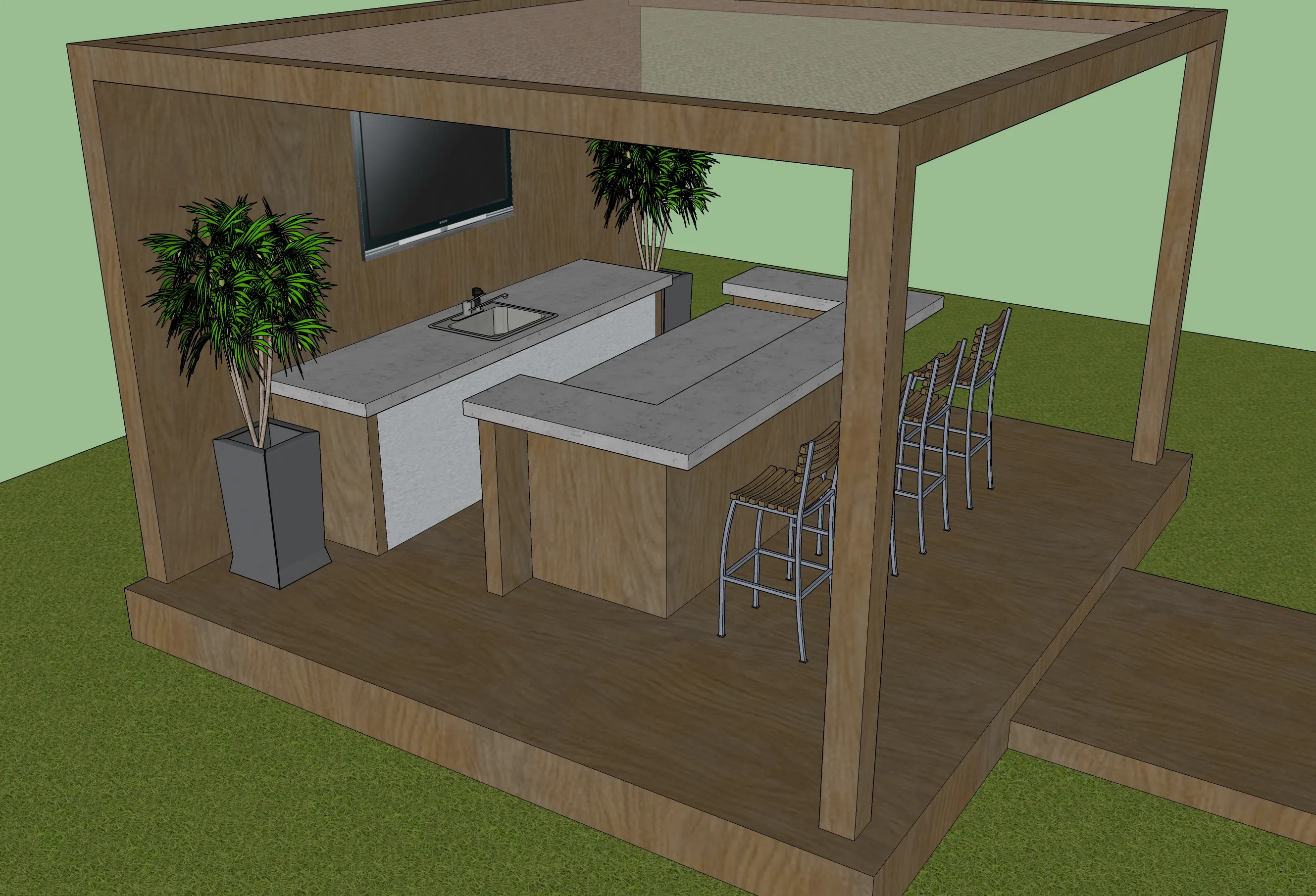 Contemporary outdoor kitchen with gray countertops, sink, and bar seating under wooden pergola structure in luxury residential setting.