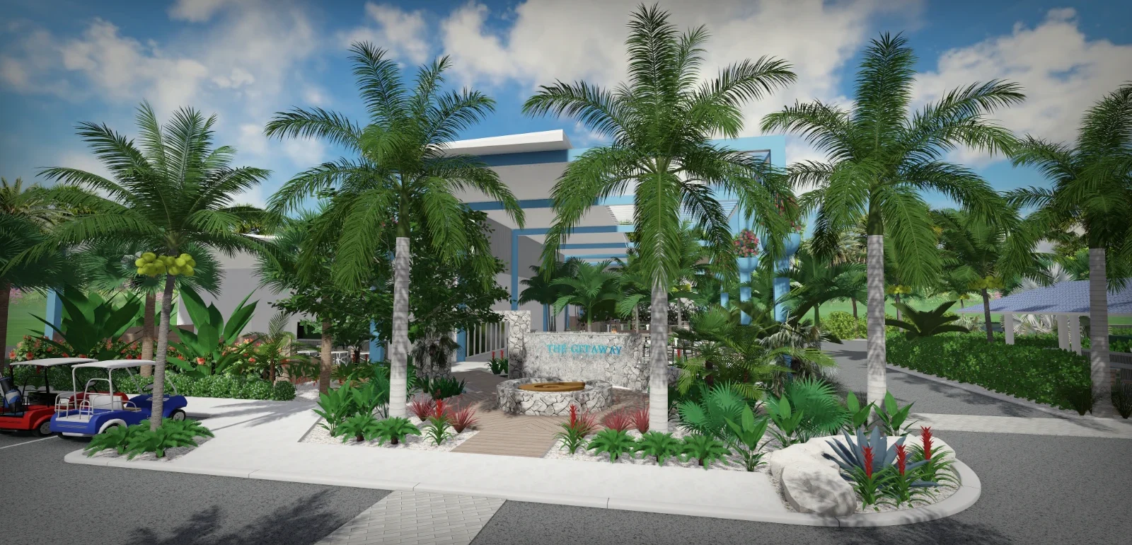 Modern white residential home with blue-striped accent, surrounded by tall palm trees and tropical landscaping in St. Petersburg, FL luxury community.