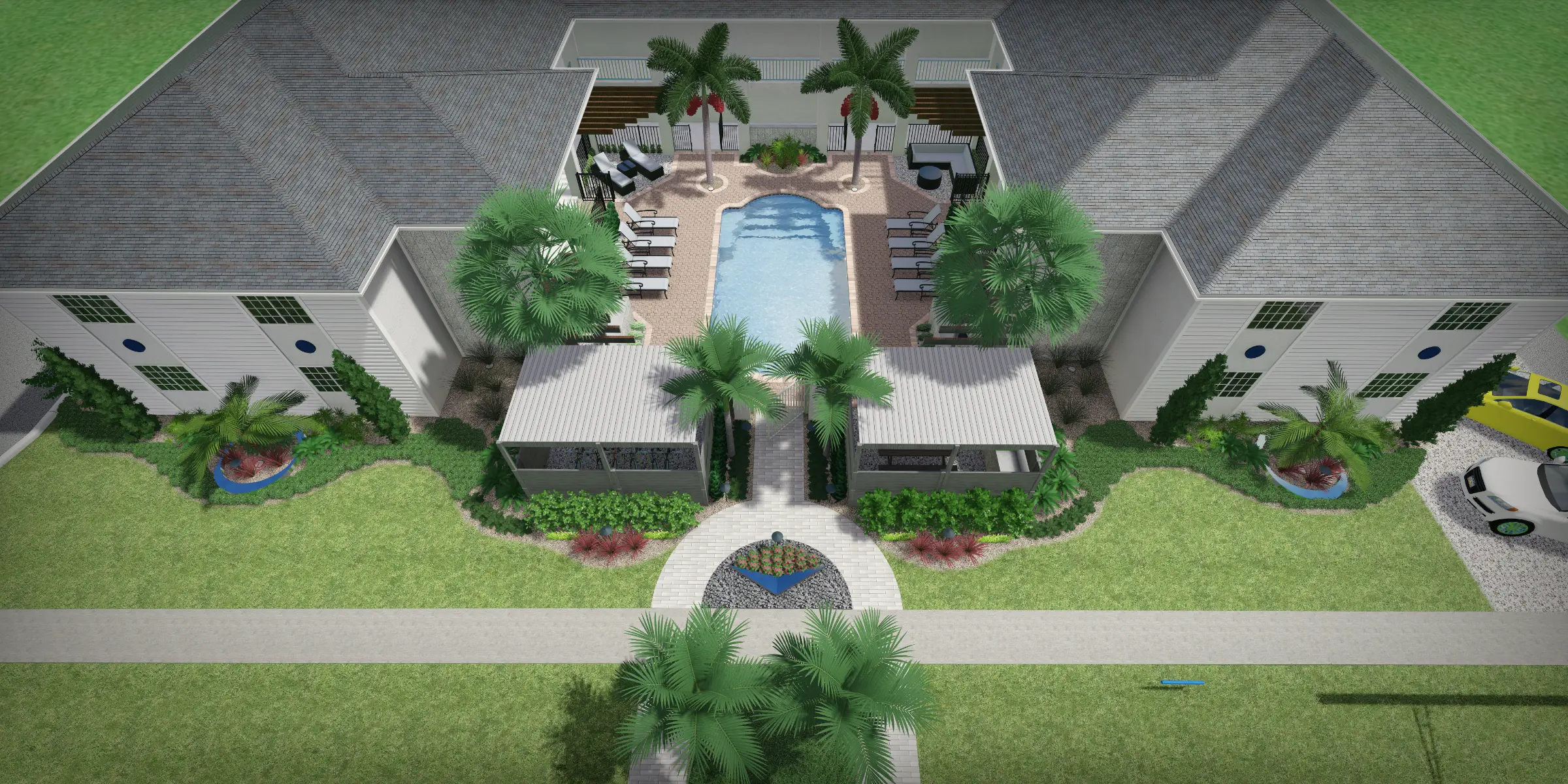 Aerial view of symmetrical white homes with central pool, palm trees, and lounge seating in St Petersburg luxury residential design.
