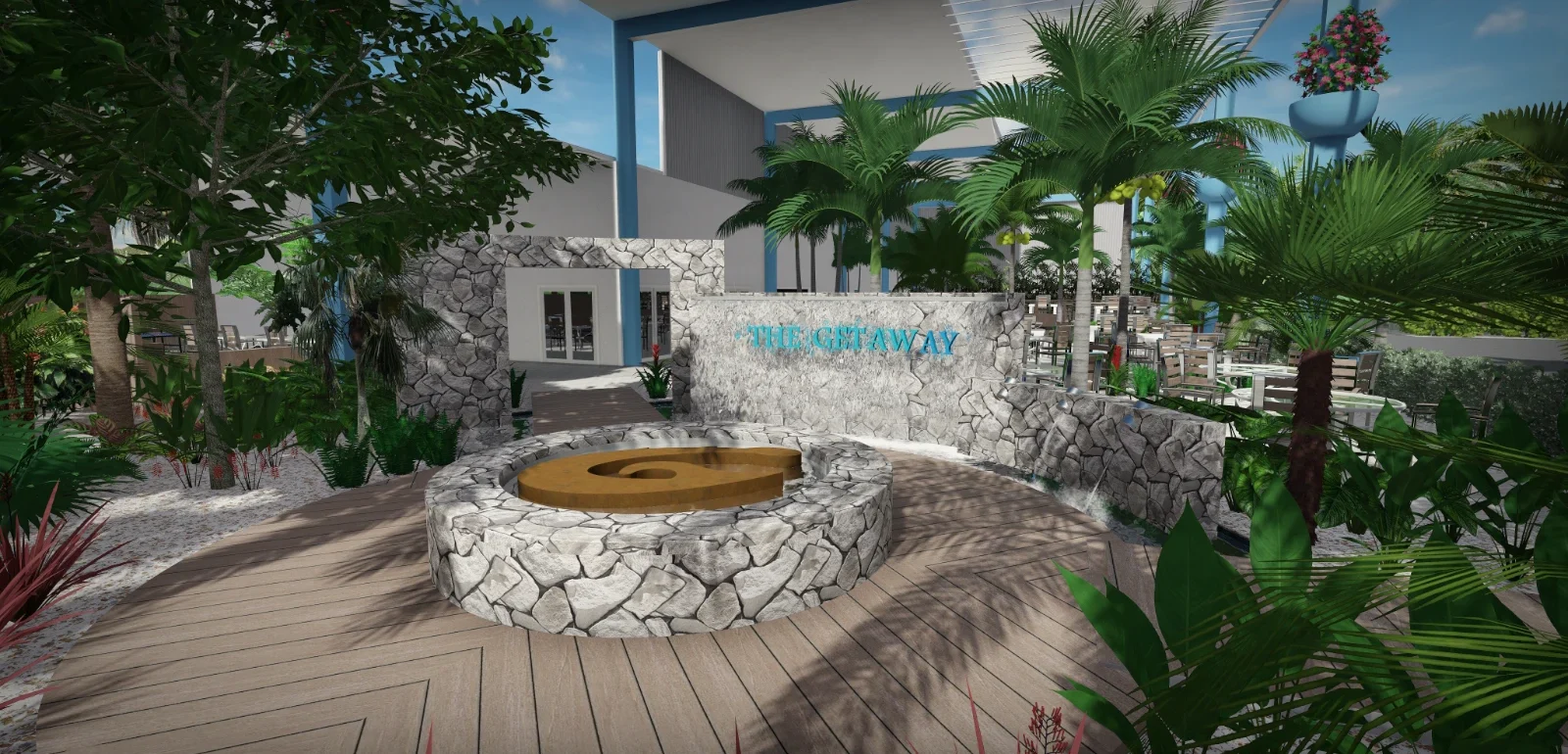 Circular stone fire pit with bronze cover in landscaped tropical courtyard featuring palm trees and modern architecture in St Petersburg, FL residential community