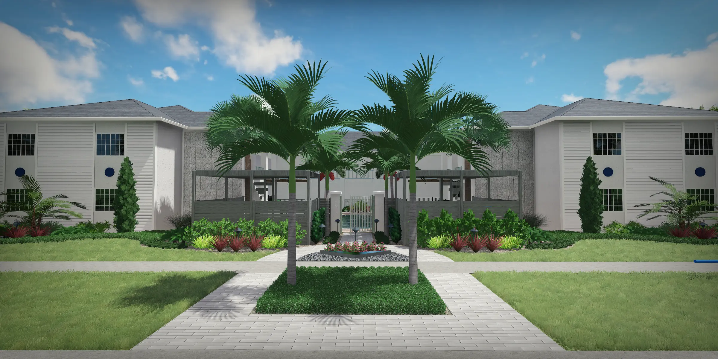Symmetrical white modern residential buildings with palm trees, manicured lawn, and stone patio courtyard in luxury St Petersburg residential community design.