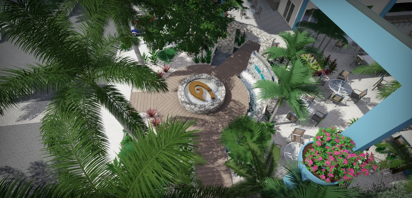 Overhead view of luxury pool deck featuring circular spa with stone surround, palm trees, lounge seating, and vibrant pink flowers in St Petersburg.