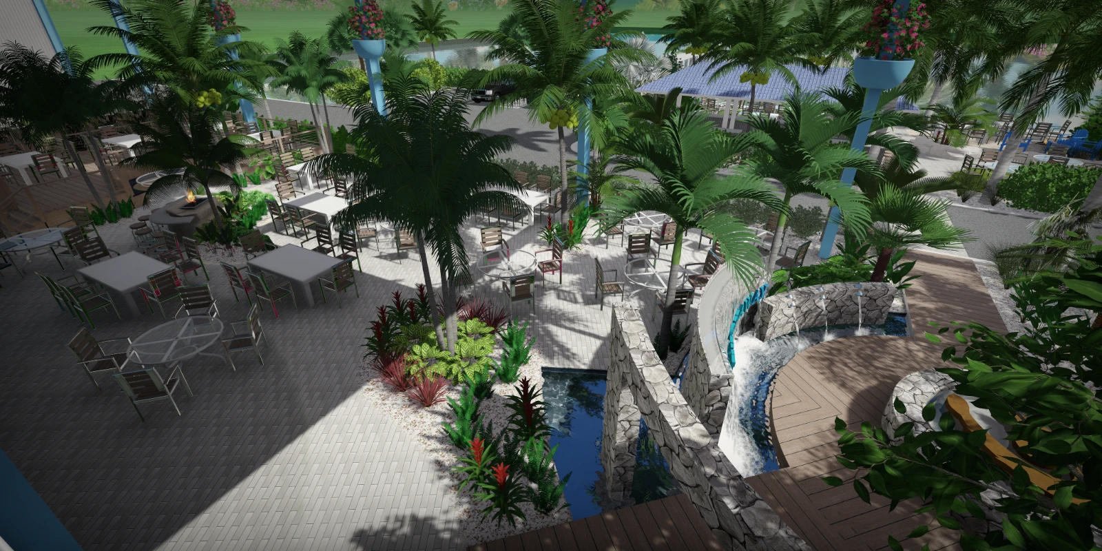 Luxury outdoor patio featuring cascading pool, palm trees, dining areas, and stone waterfall in St. Petersburg, FL resort setting.