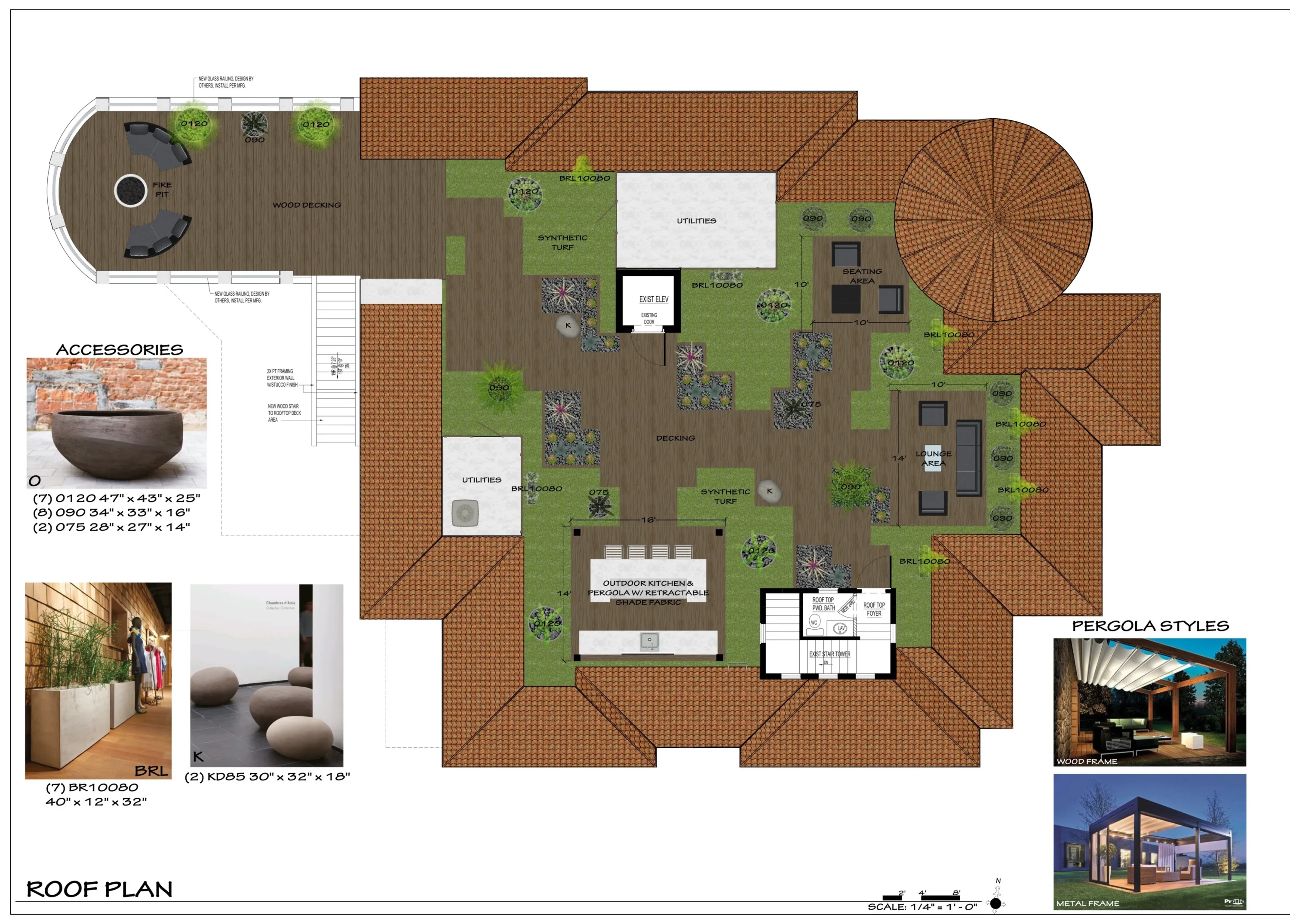 Architectural roof plan featuring brick pergolas, synthetic turf, decking areas, and outdoor kitchen for St Petersburg luxury residential community.