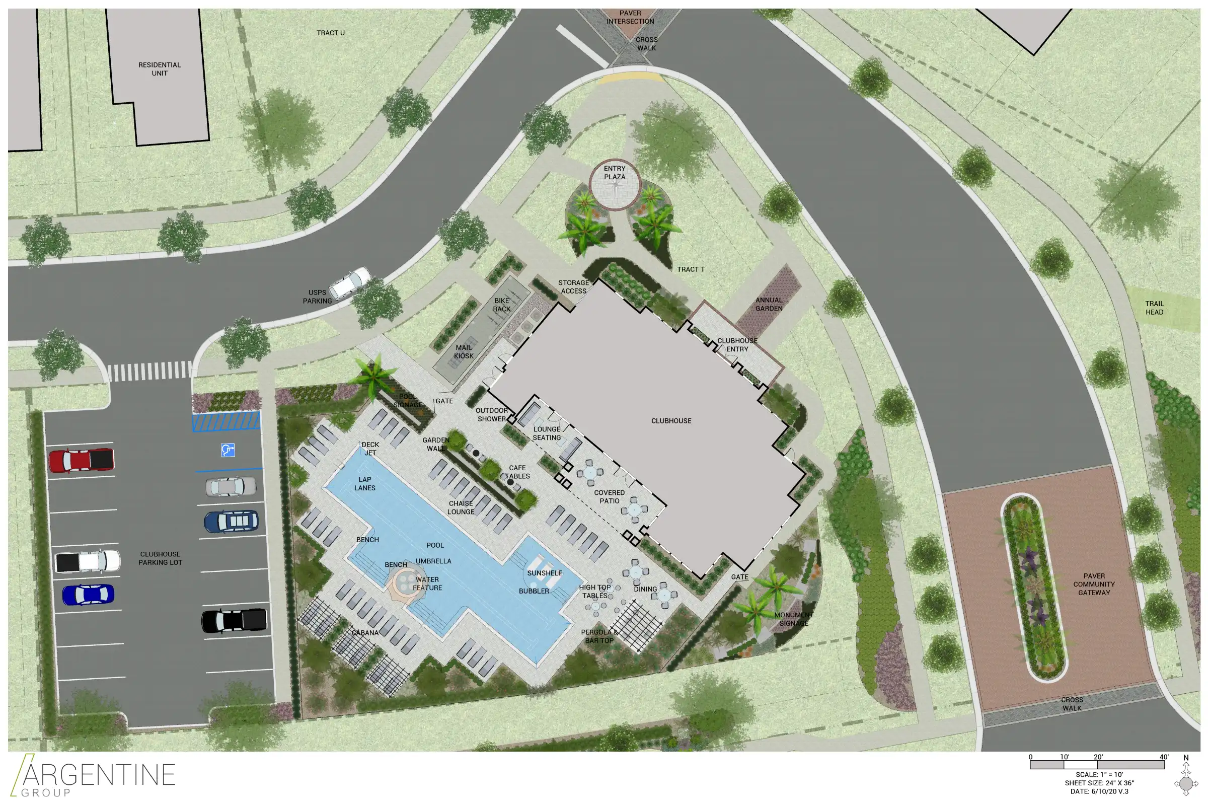 Aerial site plan showing luxury pool complex with clubhouse, outdoor lounging areas, and manicured landscaping in St Petersburg residential community.