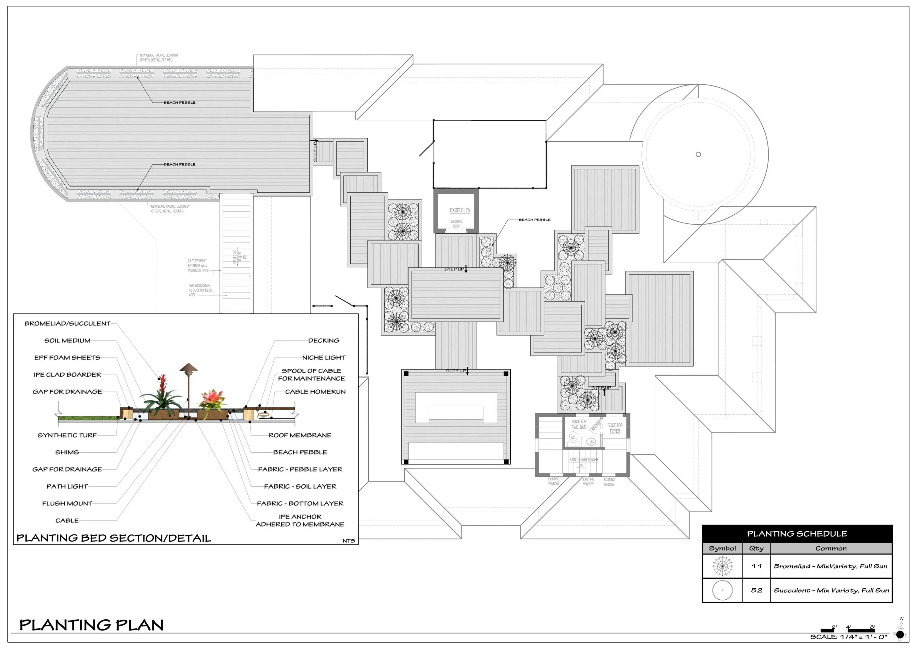 Architectural planting plan for luxury rooftop garden design in St Petersburg, FL with detailed landscape layout, planting schedule, and construction details.