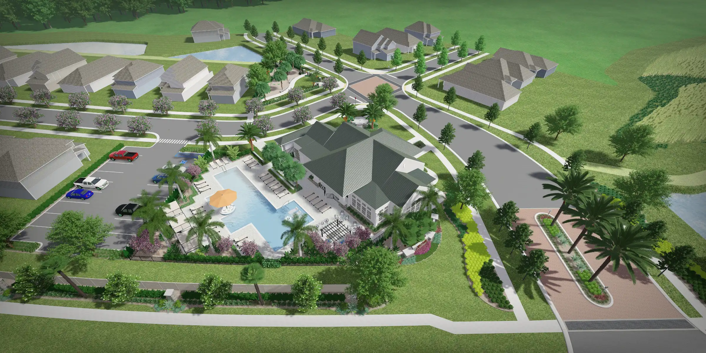 Aerial view of luxury residential community with central pool, clubhouse, and tree-lined streets in St Petersburg, Florida.