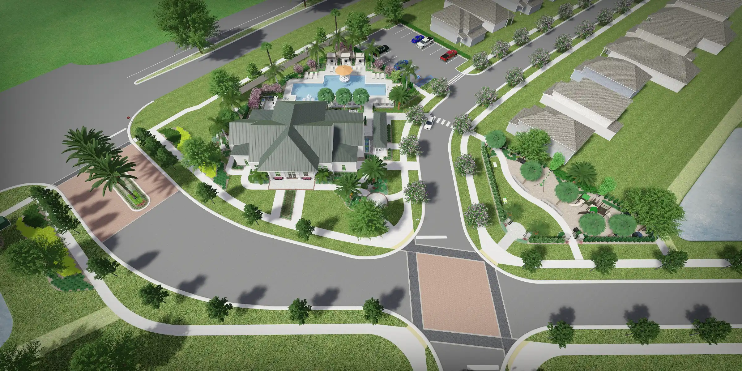 Aerial view of modern residential community with central pool house, surrounding luxury homes, manicured lawns, and palm tree landscaping in St Petersburg, FL.