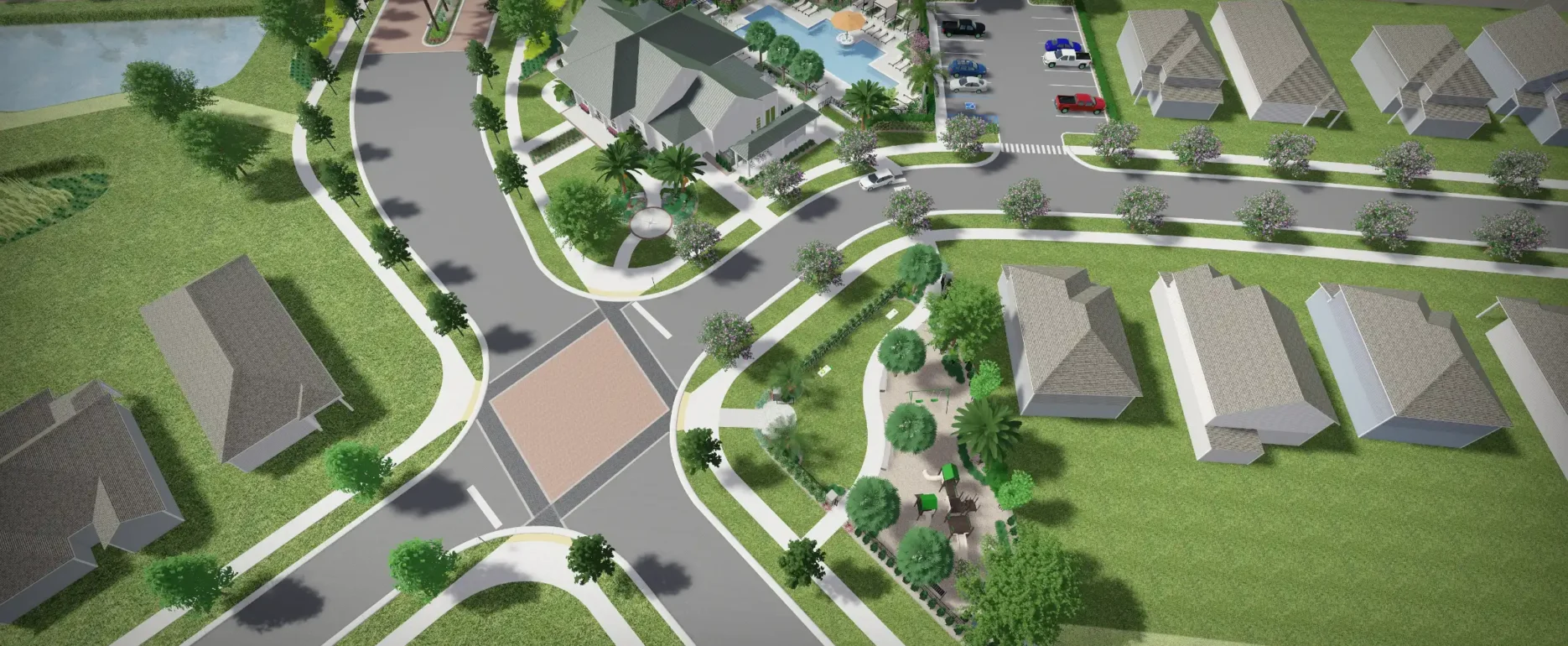 Aerial view of luxury residential community in St Petersburg FL featuring modern homes, pool amenities, manicured landscaping, and curved streets with mature trees.