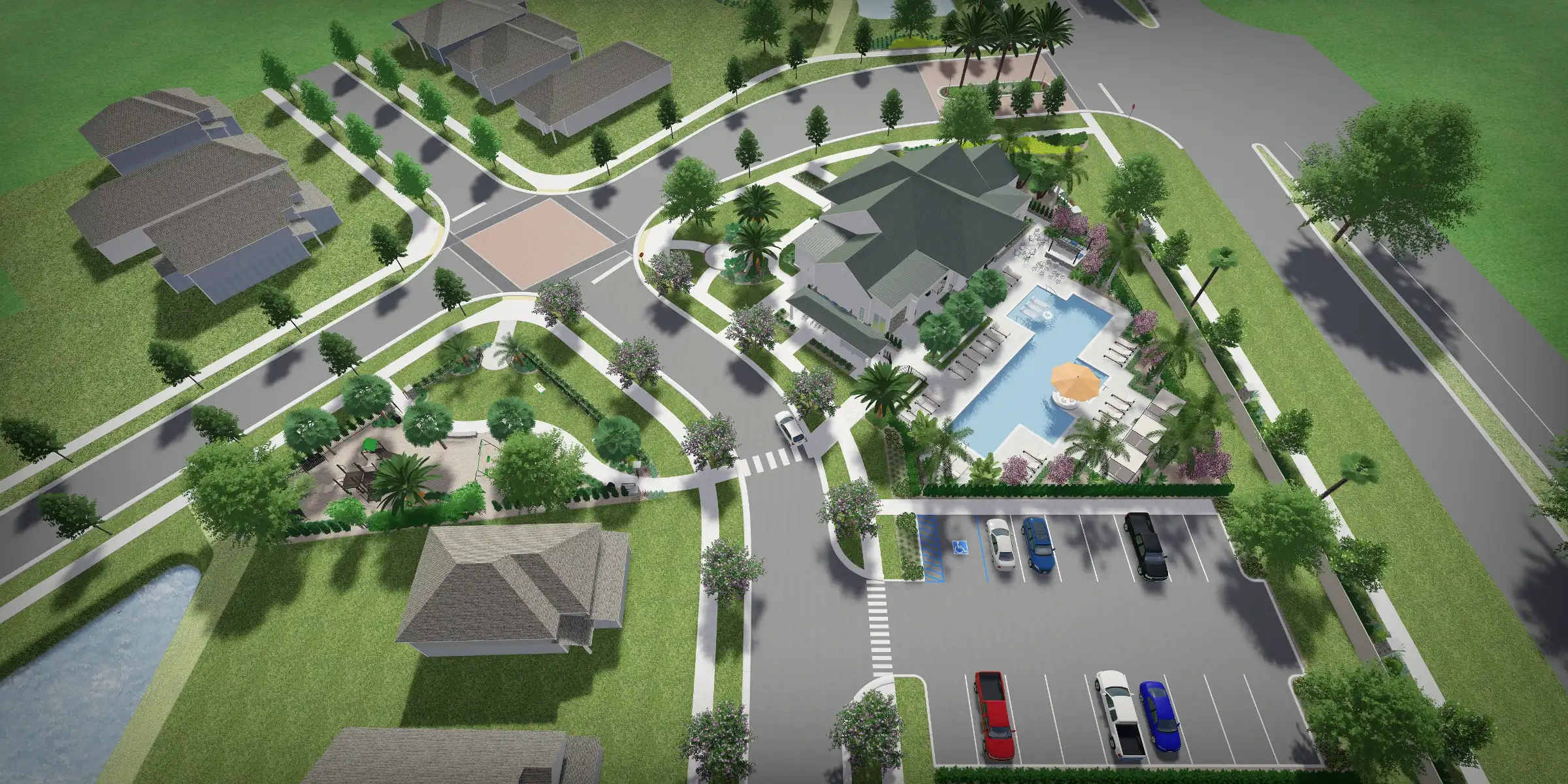 Aerial rendering of gated residential community in St Petersburg, FL featuring pool, clubhouse, and custom homes with sophisticated landscape architecture design.