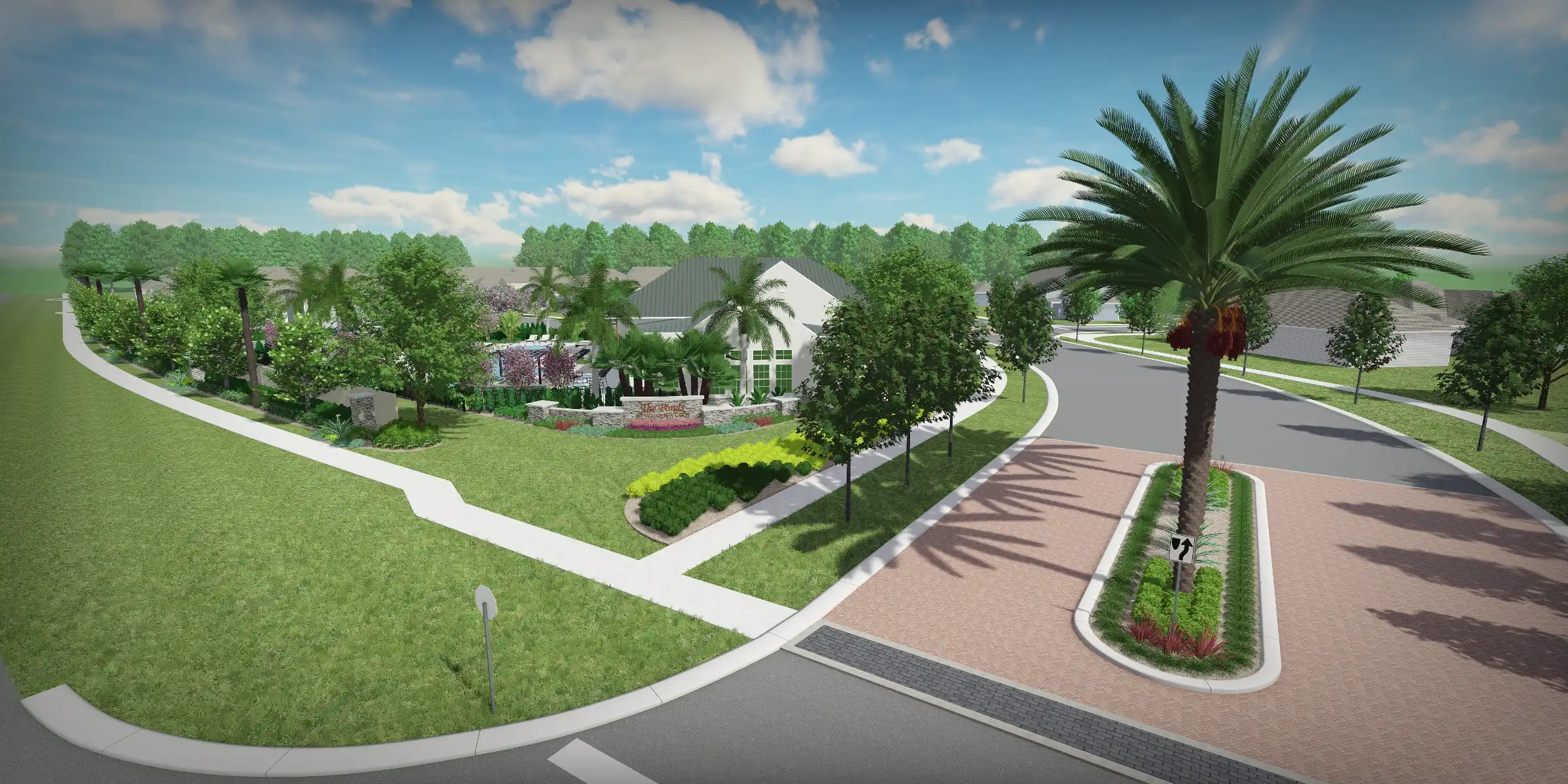 Luxury residential community entrance with white gate, palm trees, manicured lawns, and architectural landscape design in St Petersburg, Florida.