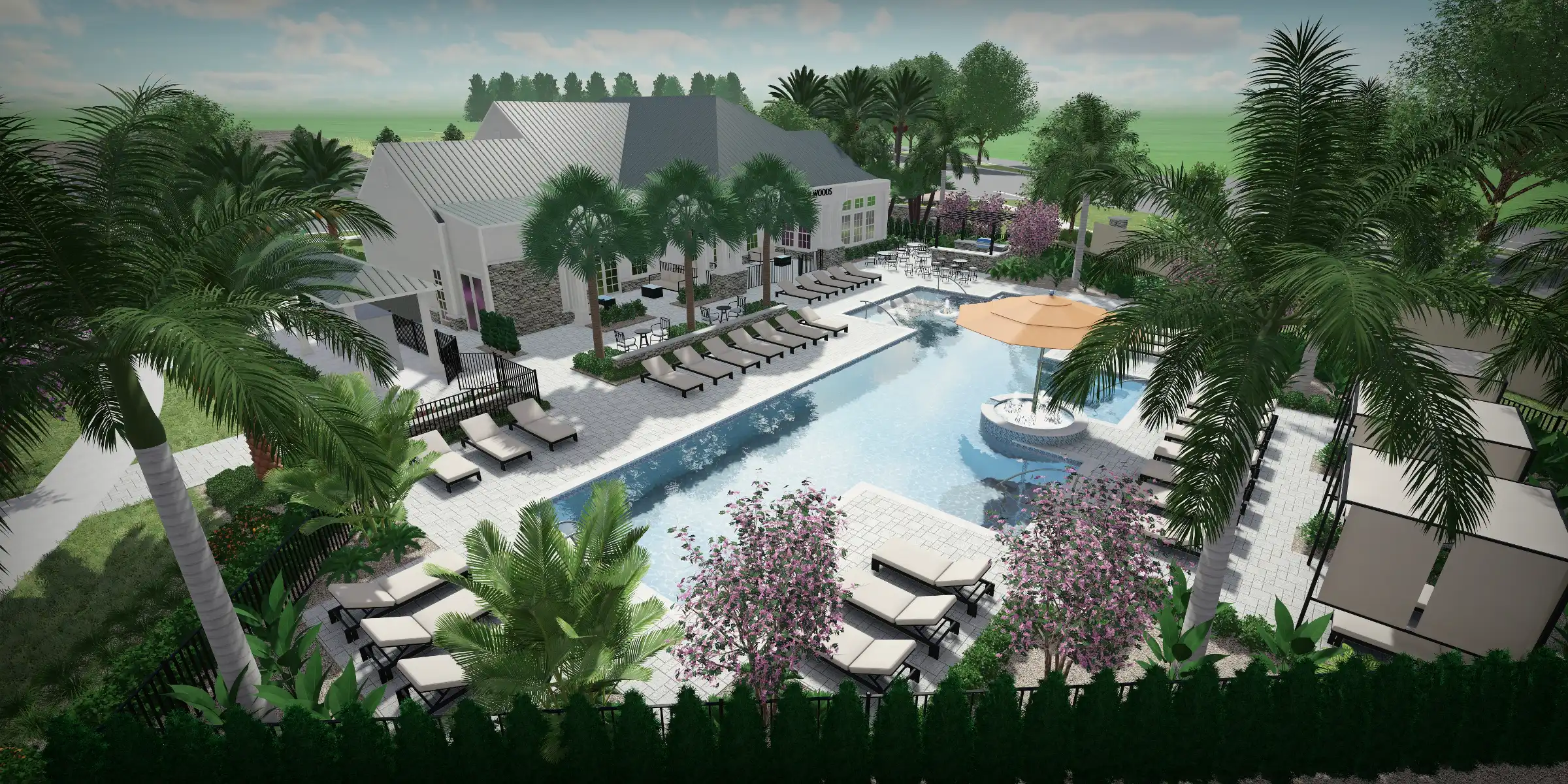 Aerial view of luxury resort with turquoise pool, white buildings, palm trees, and lounge seating in St Petersburg, Florida.