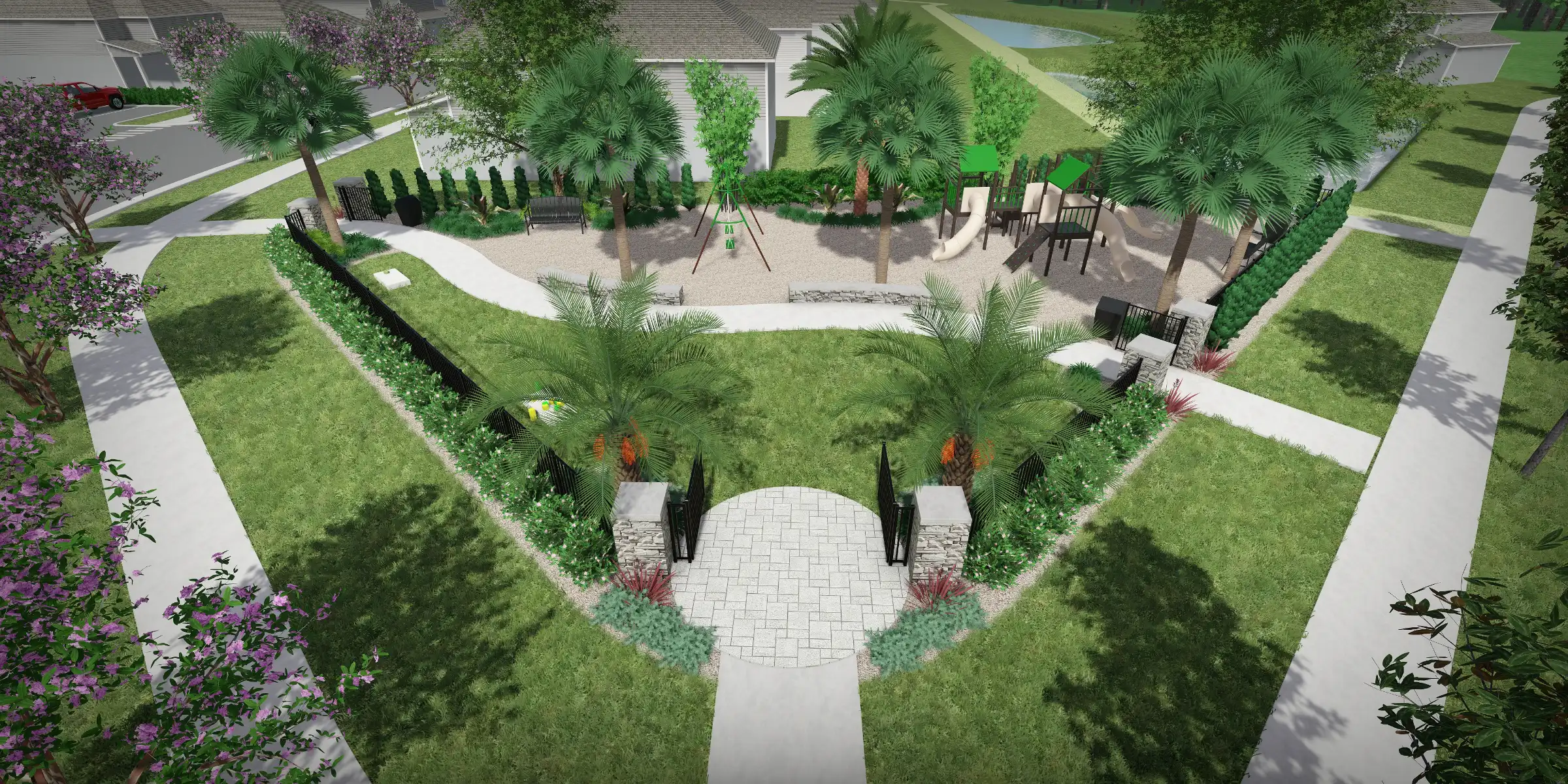 Luxury residential courtyard featuring paved circular entry, manicured lawn, palm trees, and central gathering space in St Petersburg FL landscape design.