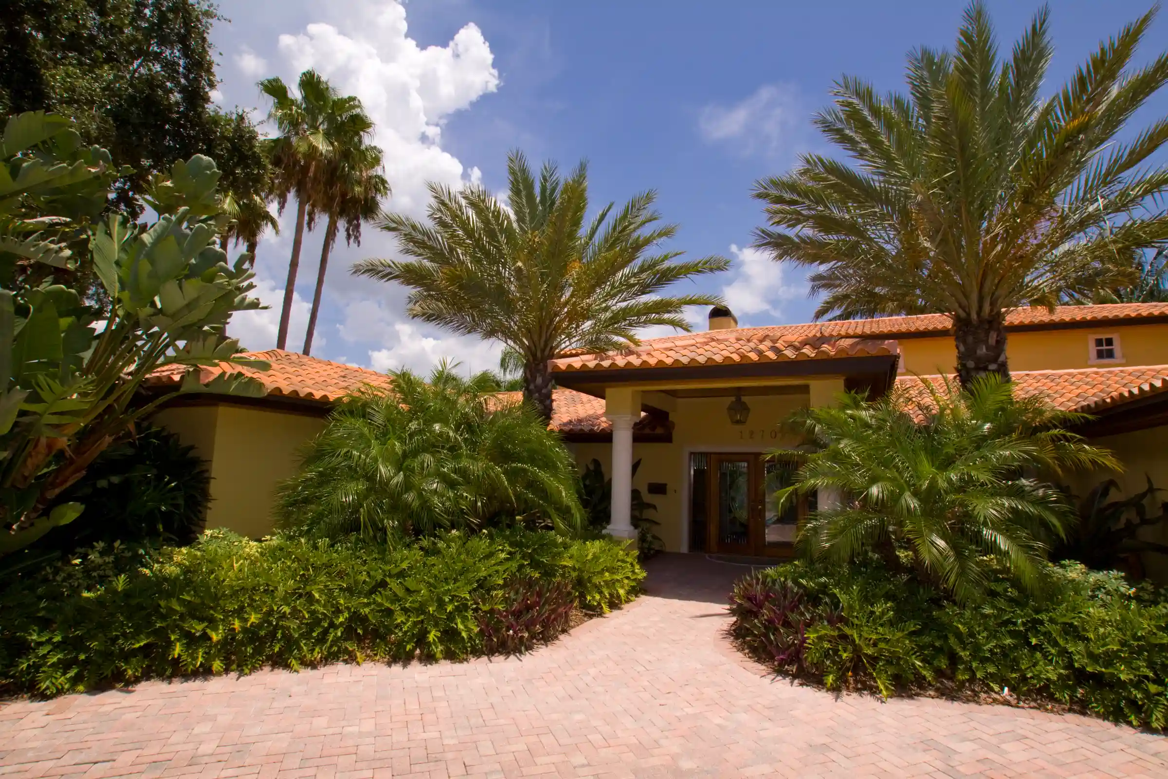 Mediterranean-style luxury home with yellow stucco, terra cotta tile roof, and lush tropical landscaping featuring palm trees and manicured hedges in St Petersburg, FL residential community.