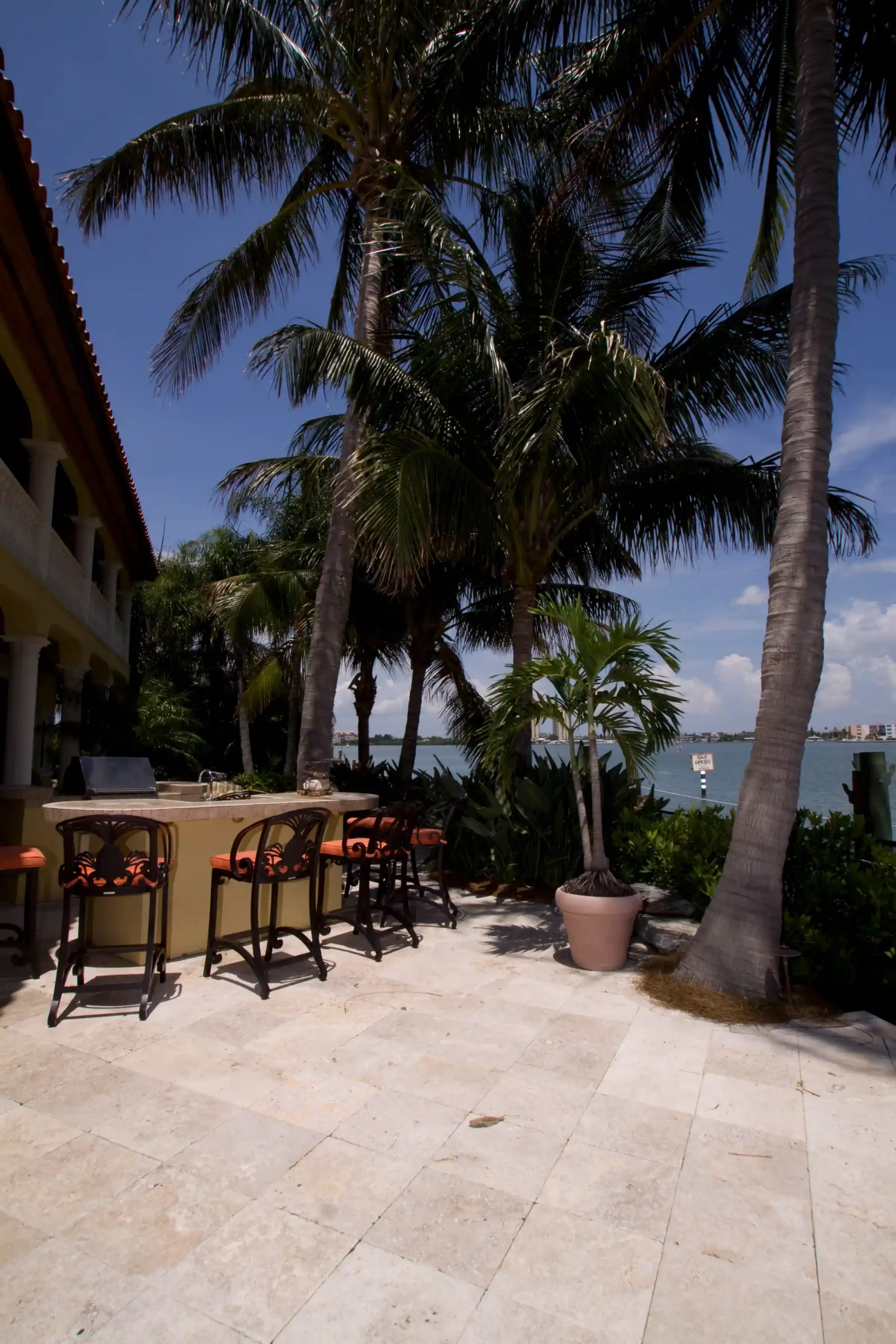 Luxury waterfront patio with tall palm trees, bar seating, and Biscayne Bay views in St Petersburg, FL residential landscape design.